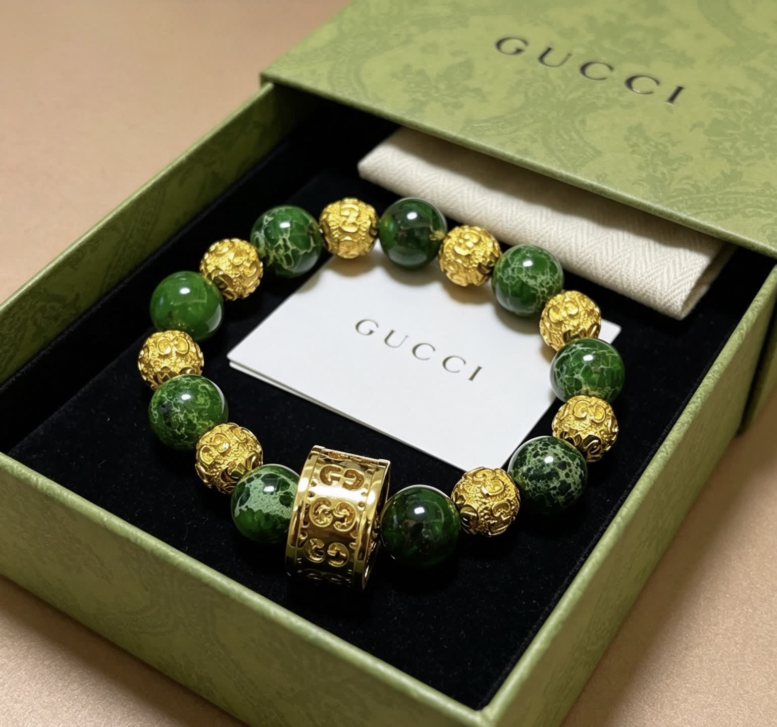 Gucci Green Beaded Bracelet with Gold Accents Gucci Green Beaded Bracelet with Gold Accents