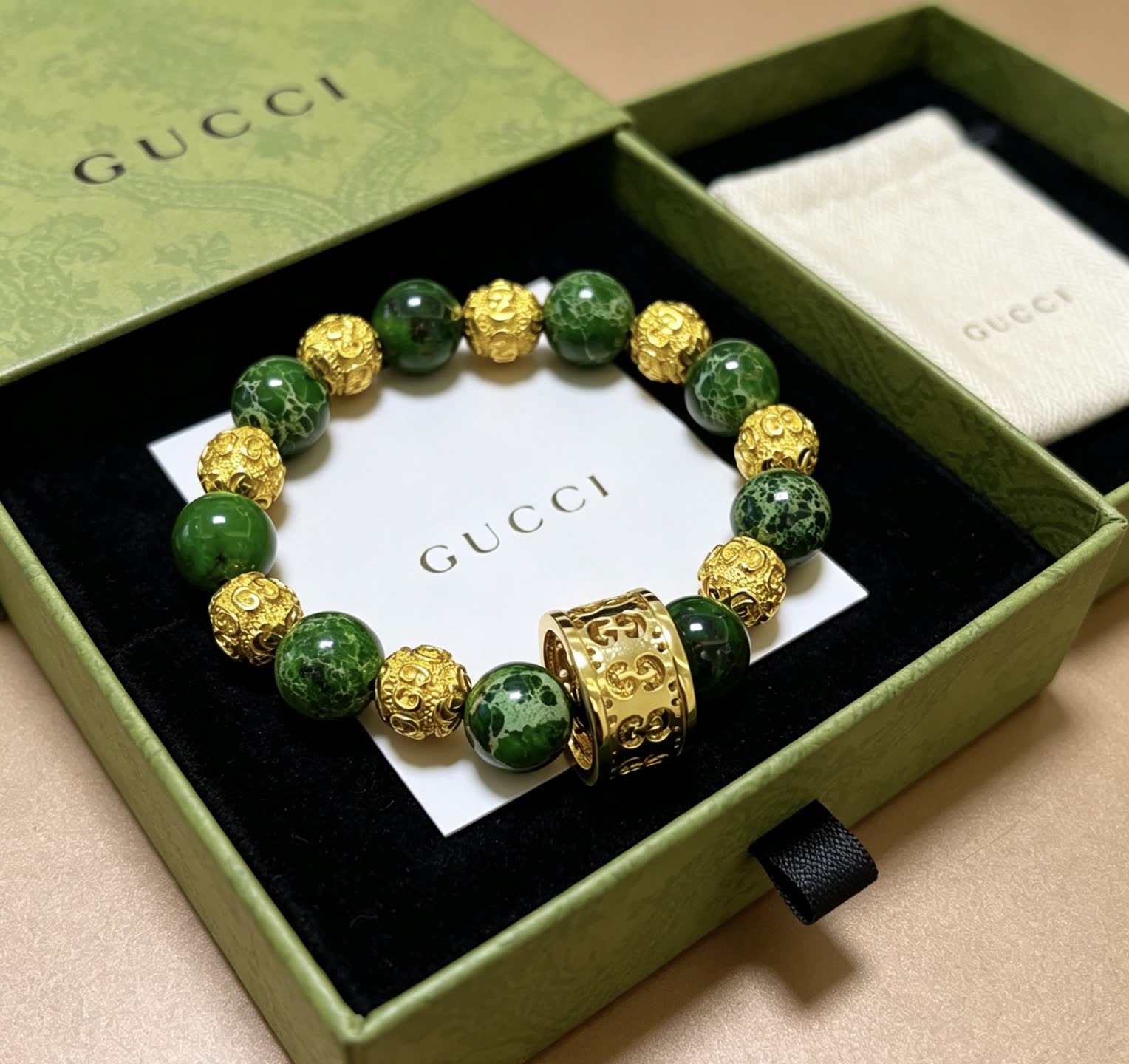 Gucci Green Beaded Bracelet with Gold Accents