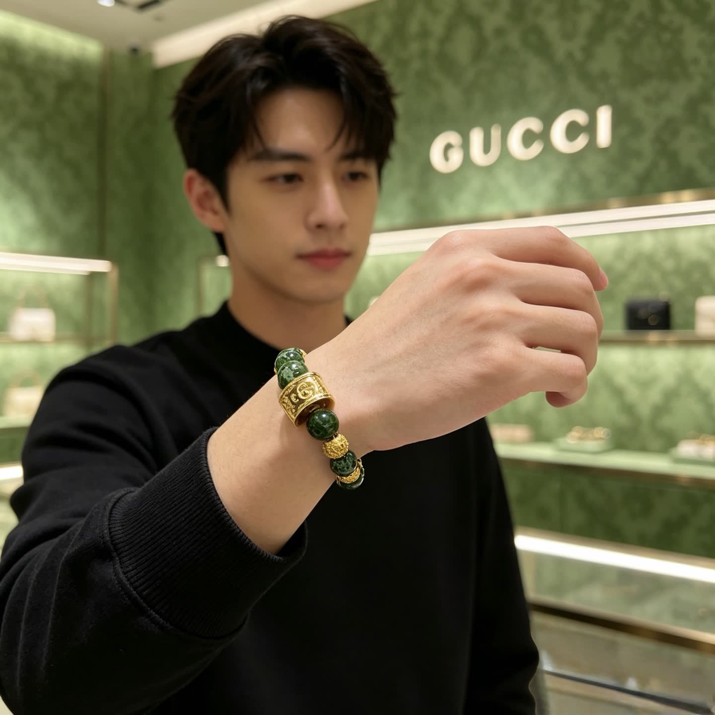Gucci Green Beaded Bracelet with Gold Accents