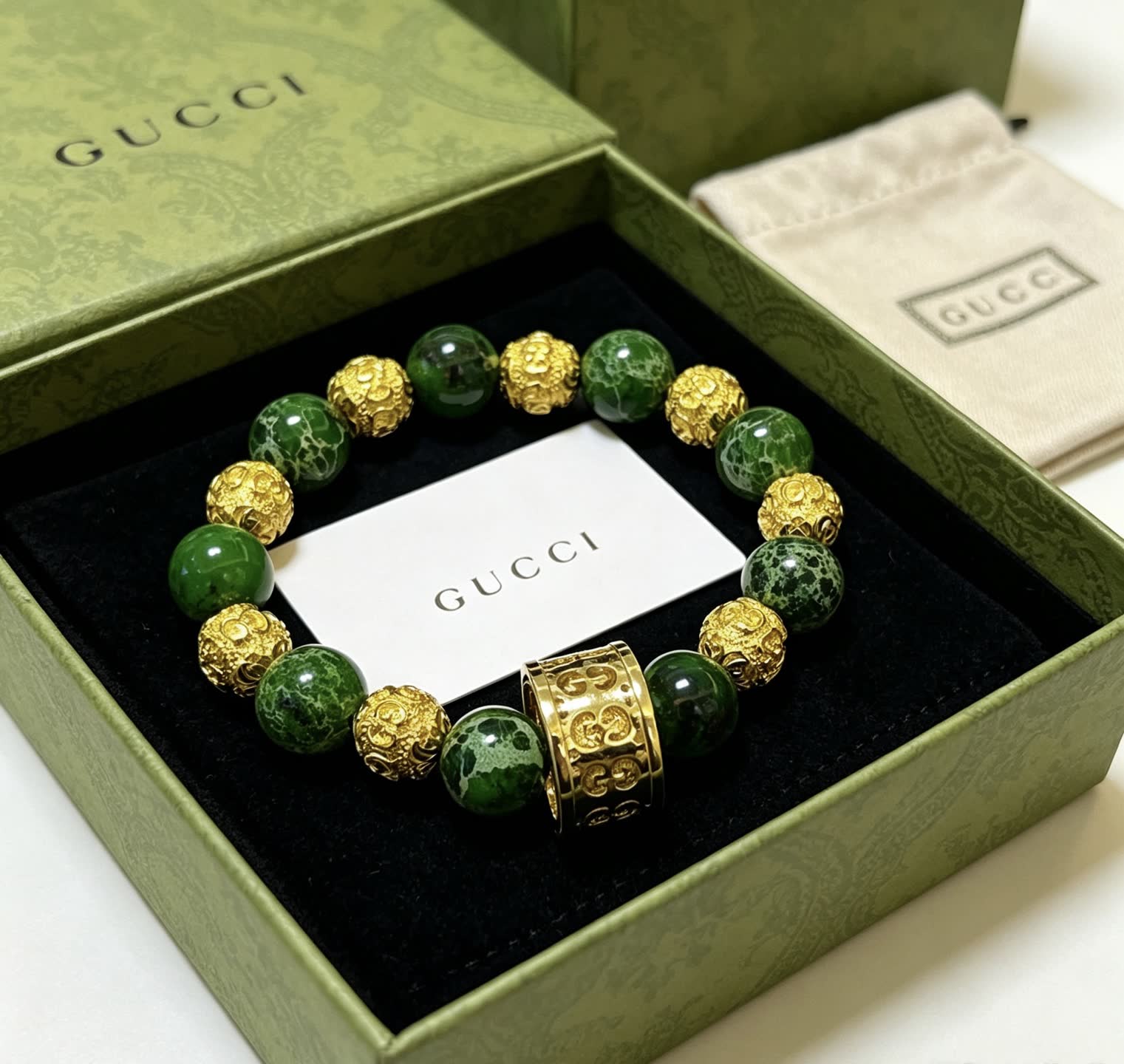 Gucci Green Beaded Bracelet with Gold Accents