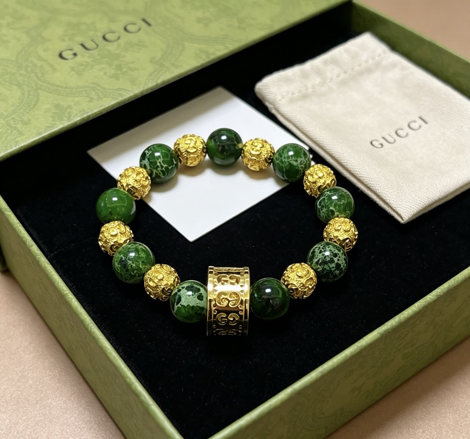 Gucci Green Beaded Bracelet with Gold Accents