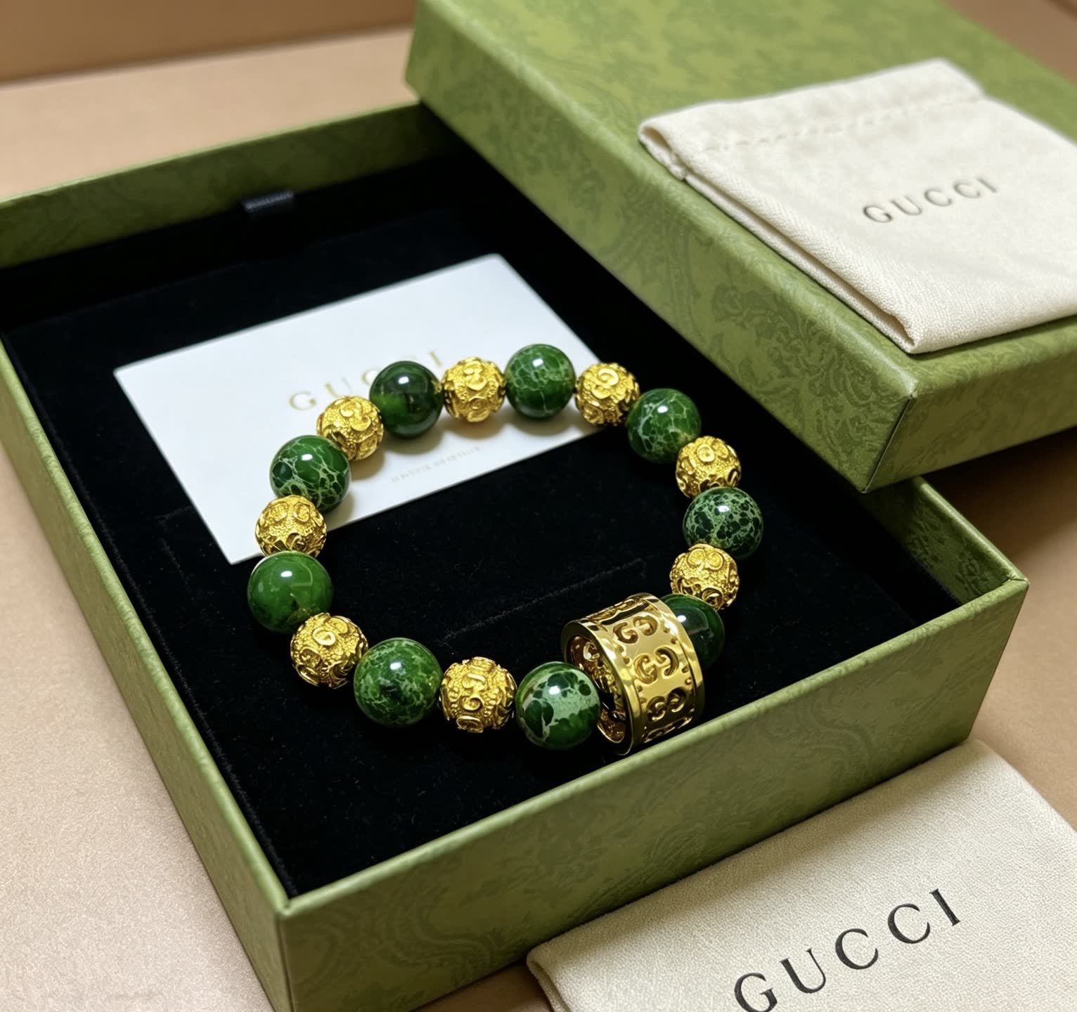 Gucci Green Beaded Bracelet with Gold Accents