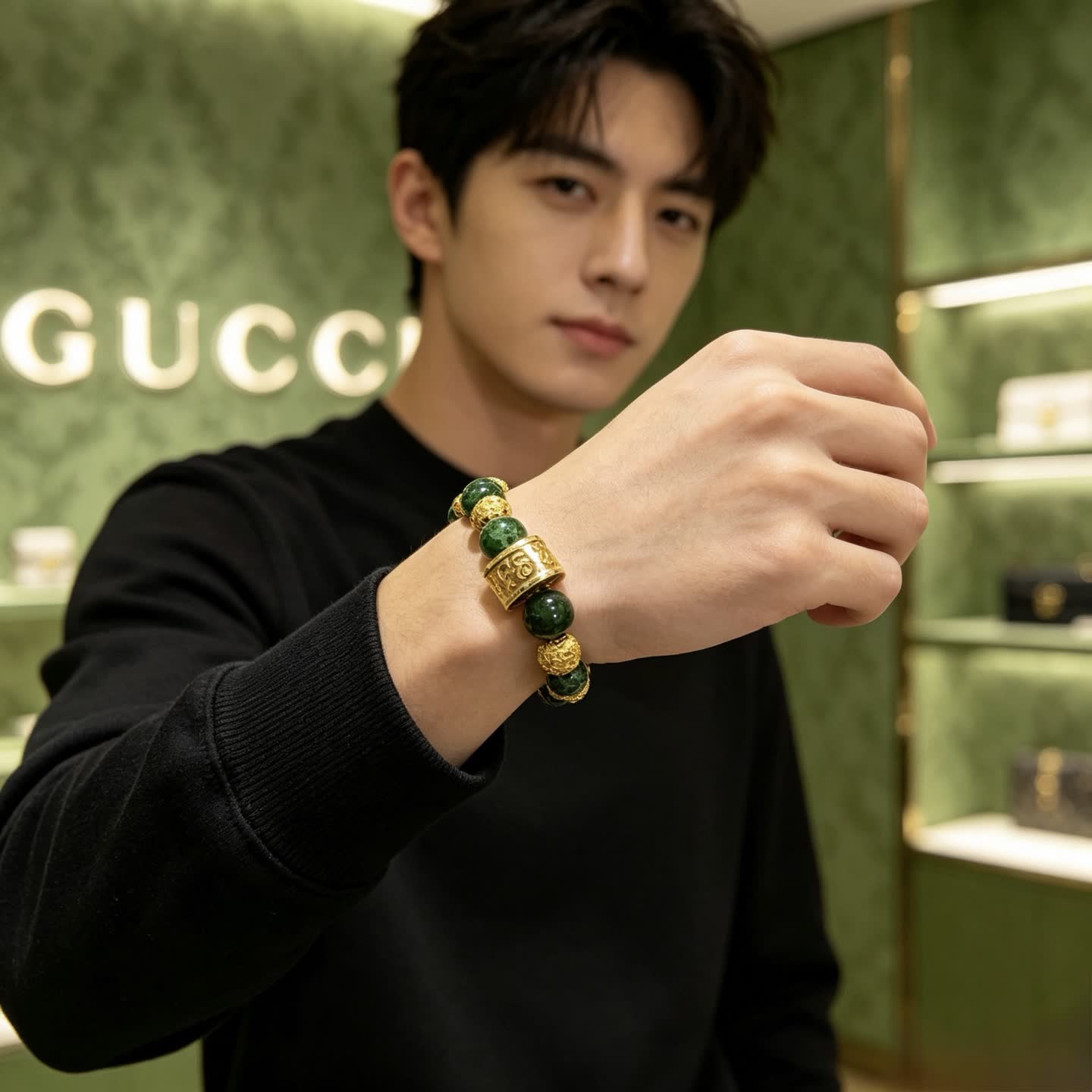 Gucci Green Beaded Bracelet with Gold Accents