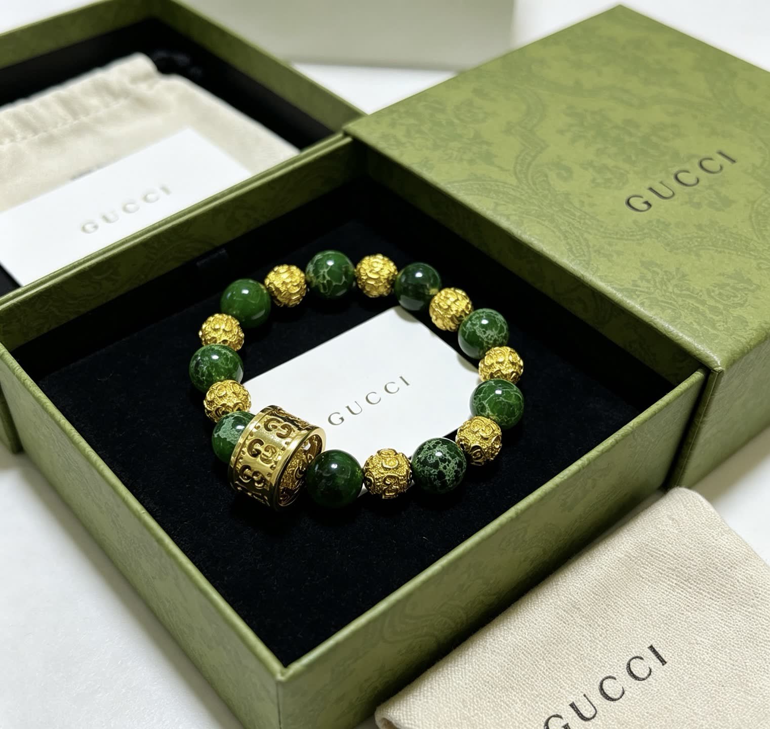 Gucci Green Beaded Bracelet with Gold Accents