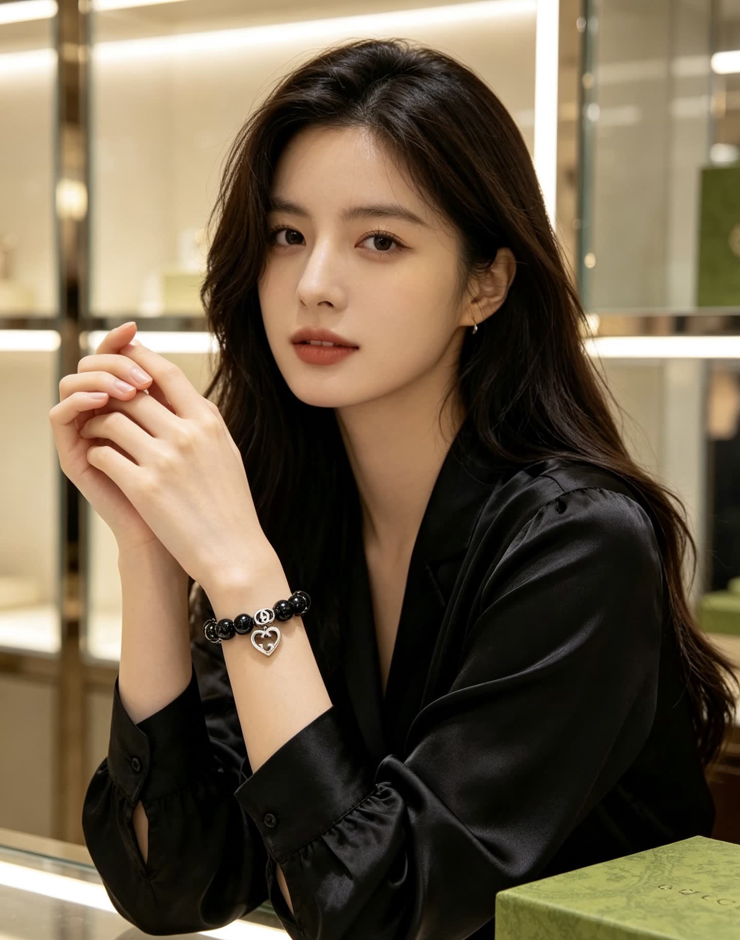 Gucci Black Bead Bracelet with Heart Charm