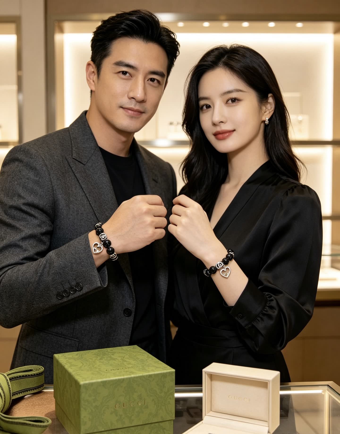 Gucci Black Bead Bracelet with Heart Charm