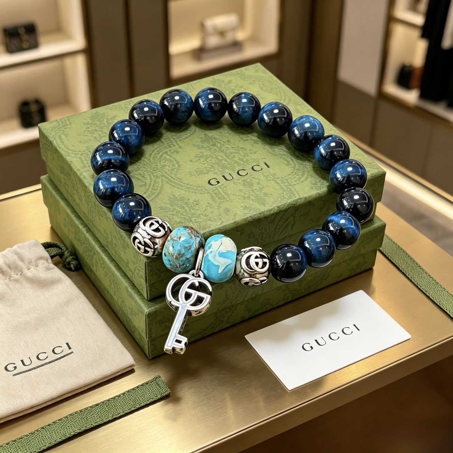 Gucci Blue Beaded Bracelet with Key Charm