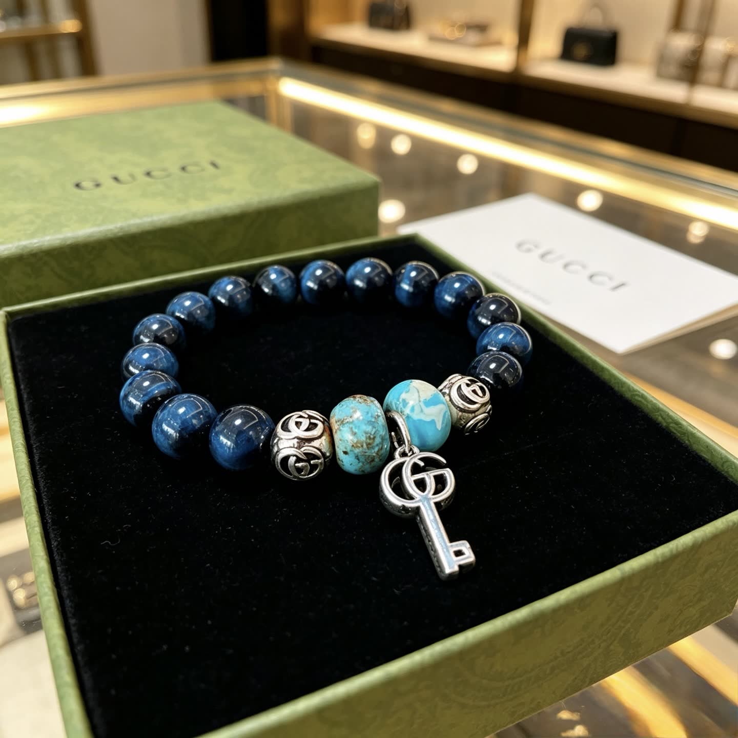 Gucci Blue Beaded Bracelet with Key Charm