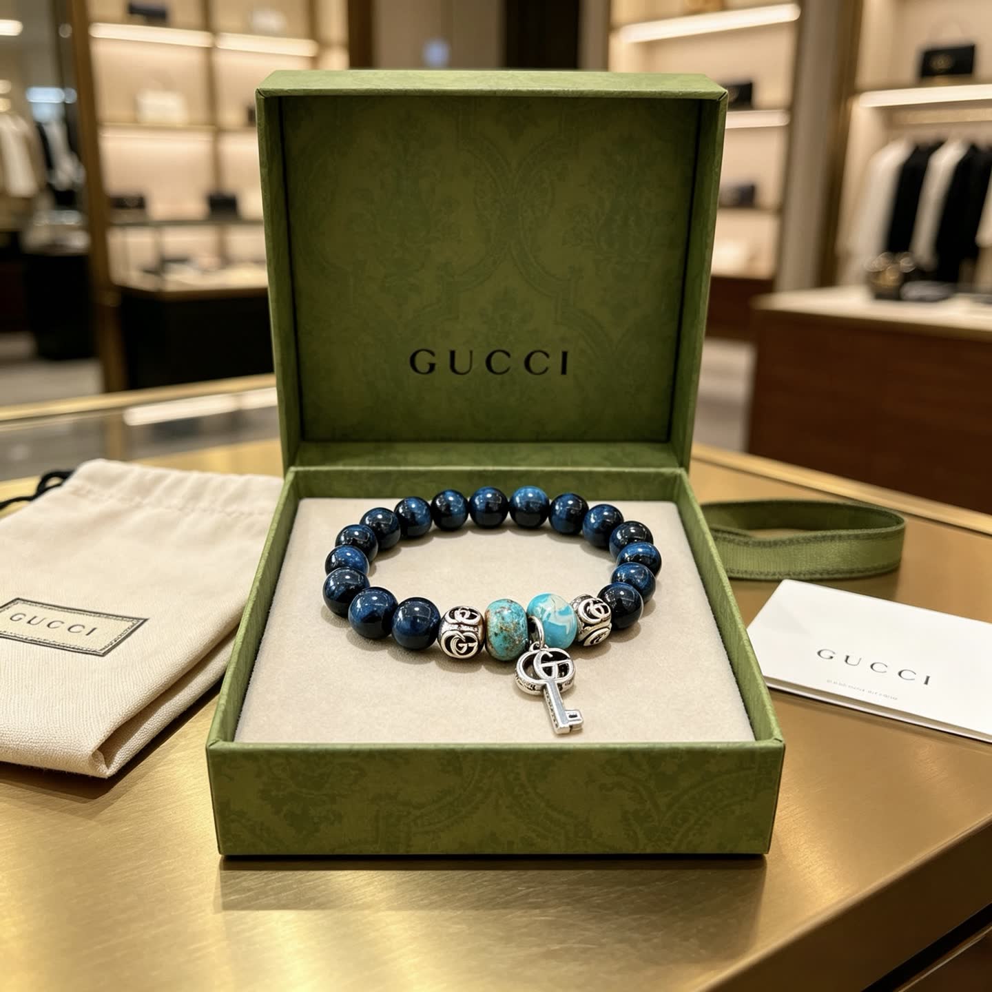 Gucci Blue Beaded Bracelet with Key Charm