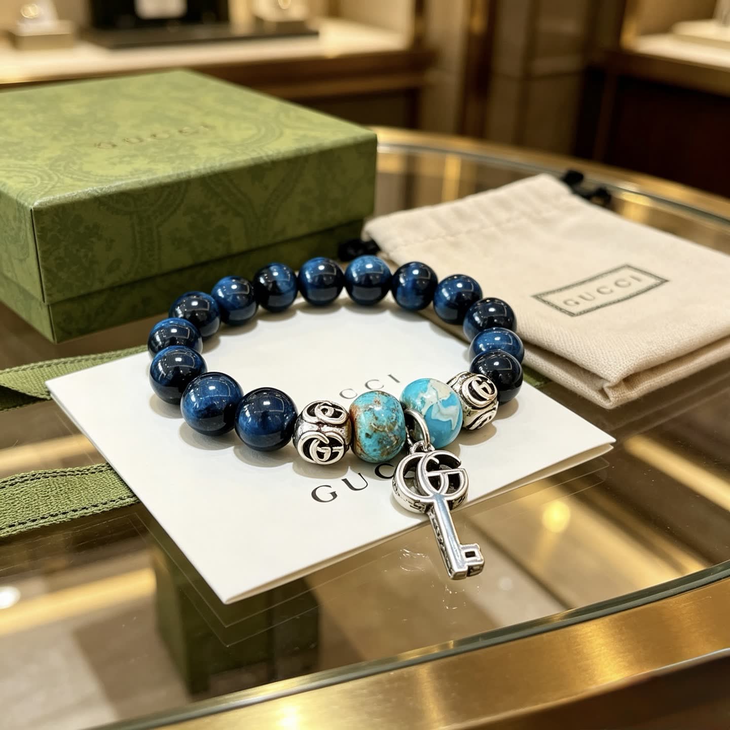 Gucci Blue Beaded Bracelet with Key Charm