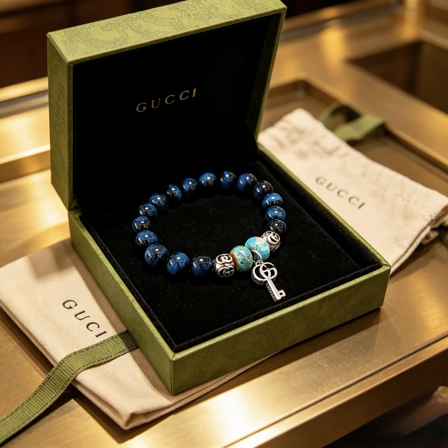 Gucci Blue Beaded Bracelet with Key Charm