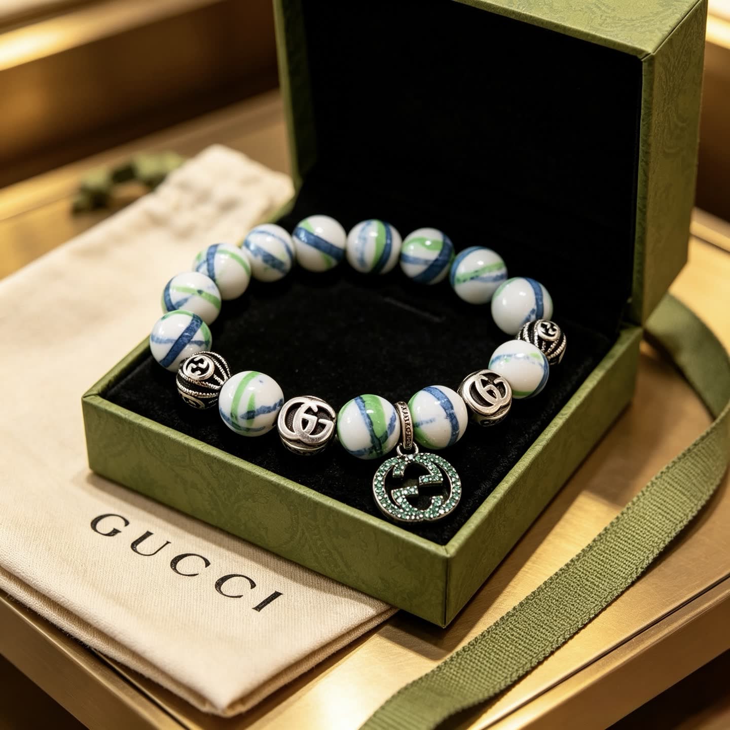 Gucci Marble Bead Bracelet with Interlocking G Charm Gucci Marble Bead Bracelet with Interlocking G Charm
