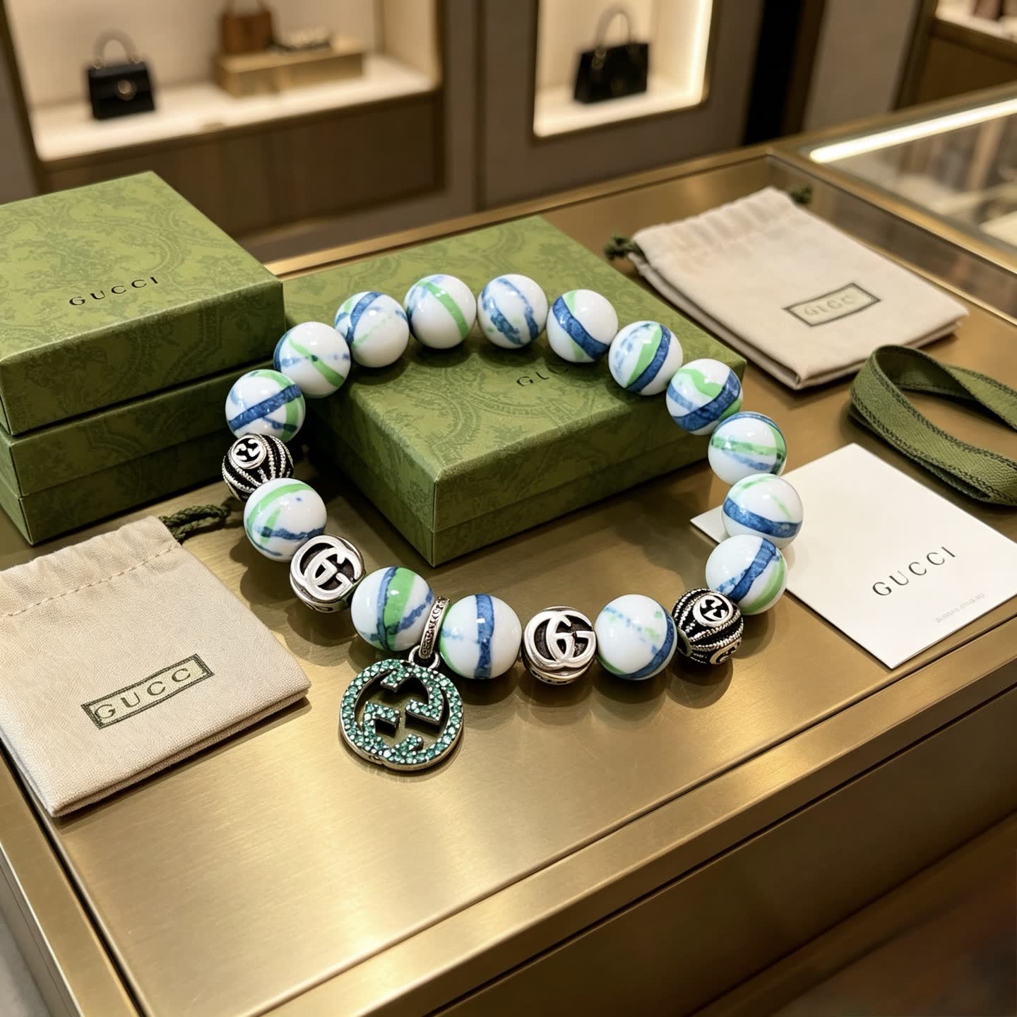 Gucci Marble Bead Bracelet with Interlocking G Charm