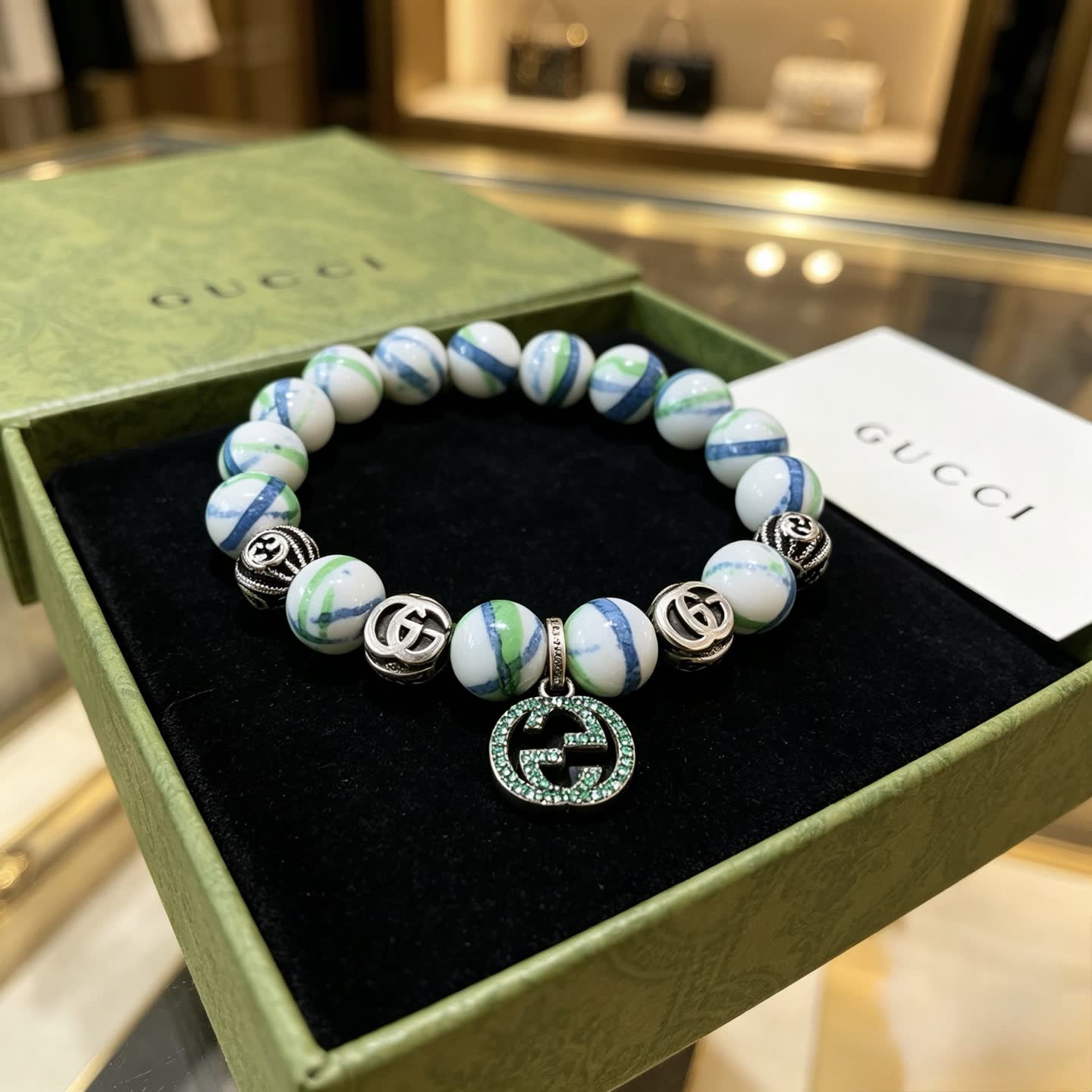 Gucci Marble Bead Bracelet with Interlocking G Charm