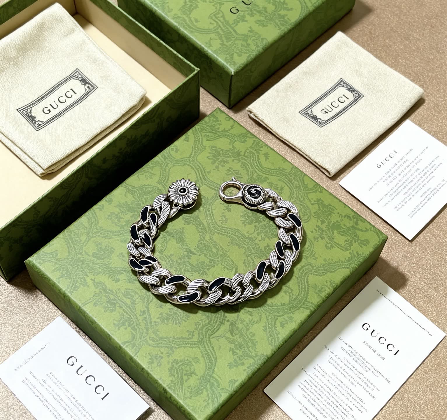 Gucci Silver and Black Enamel Chain Bracelet