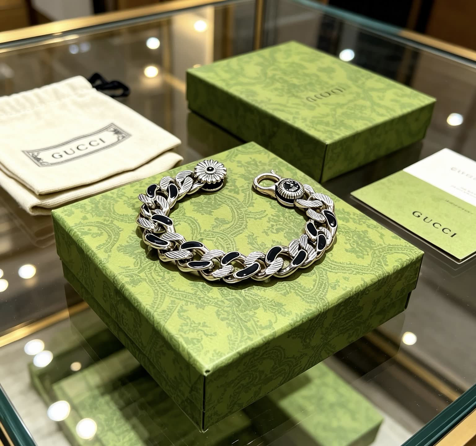 Gucci Silver and Black Enamel Chain Bracelet