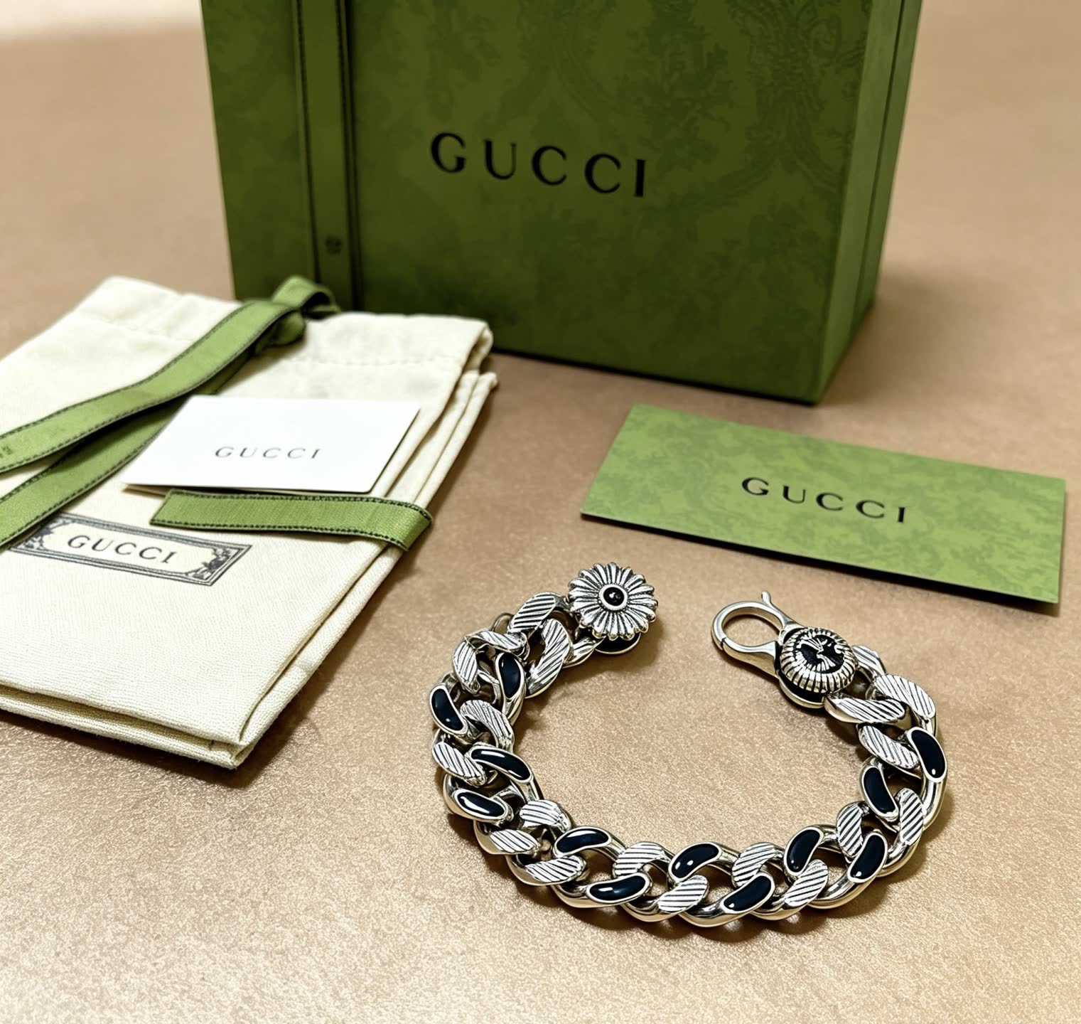 Gucci Silver and Black Enamel Chain Bracelet