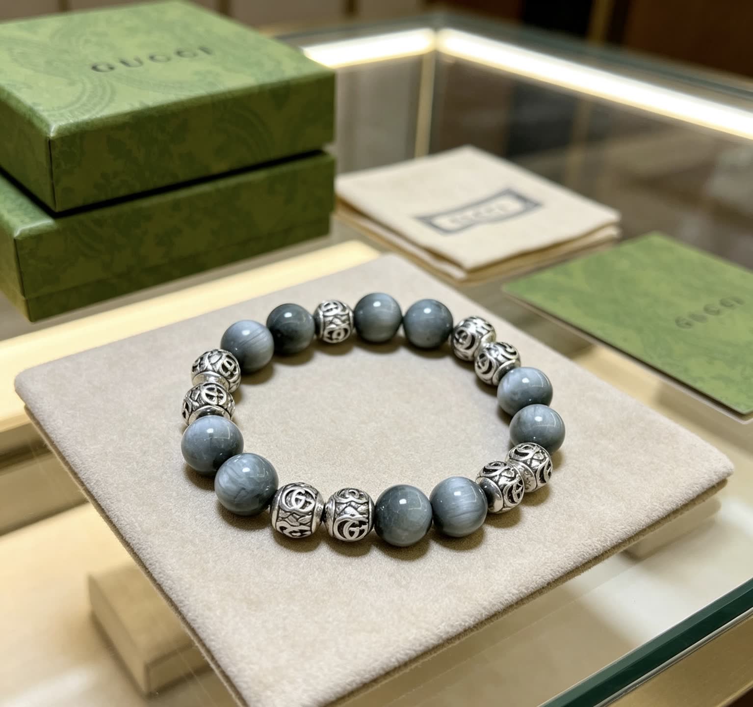 Gucci Silver Bead Bracelet with Gray Stones