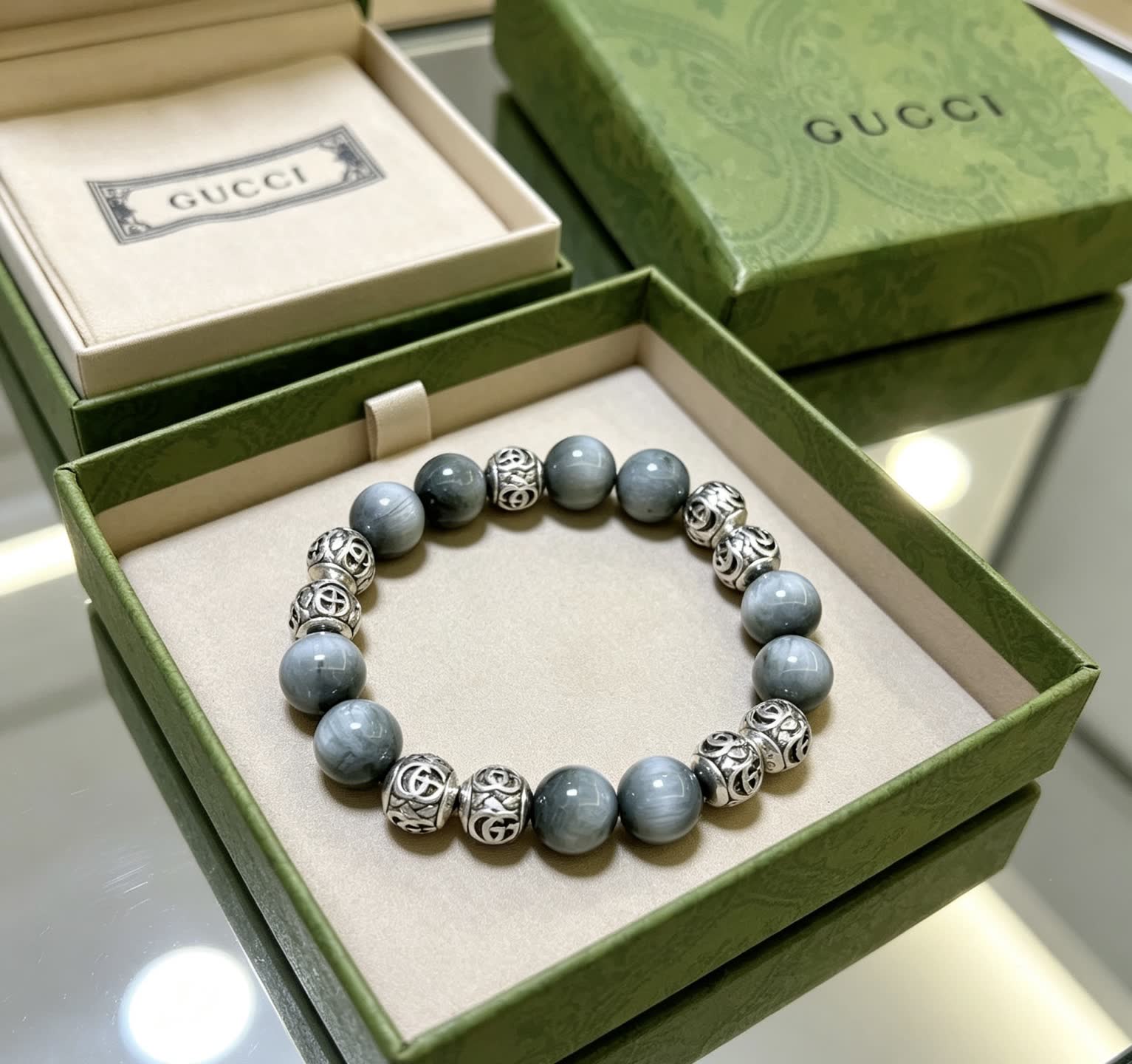 Gucci Silver Bead Bracelet with Gray Stones