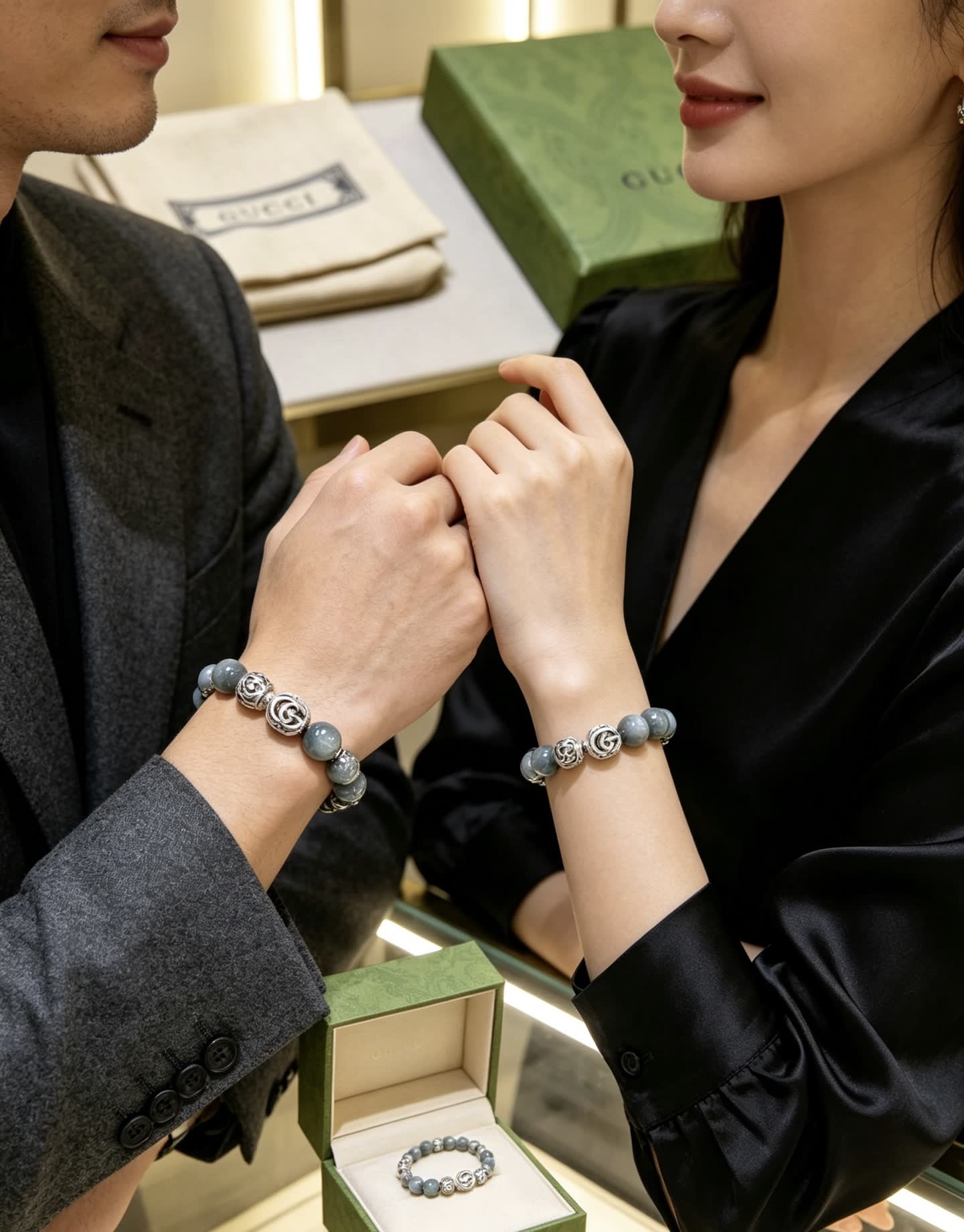 Gucci Silver Bead Bracelet with Gray Stones
