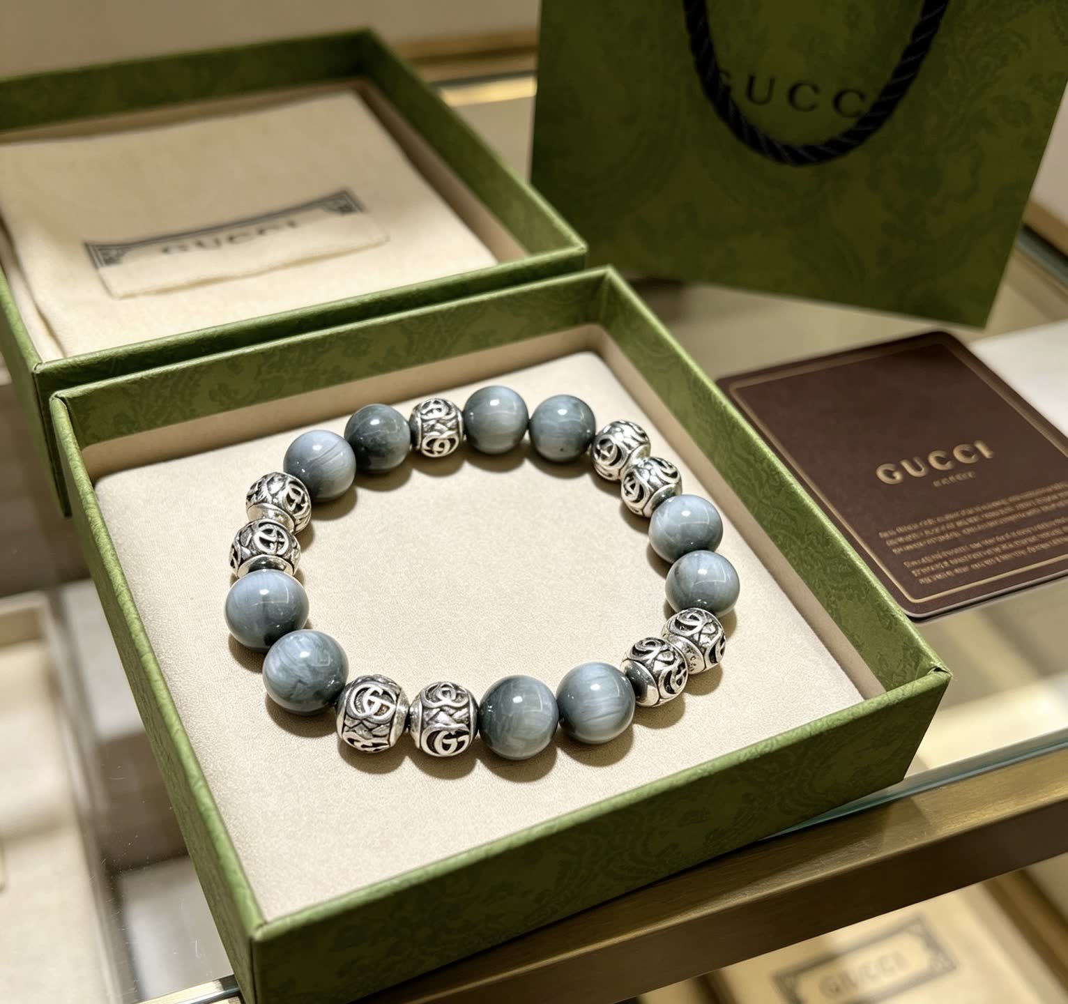 Gucci Silver Bead Bracelet with Gray Stones