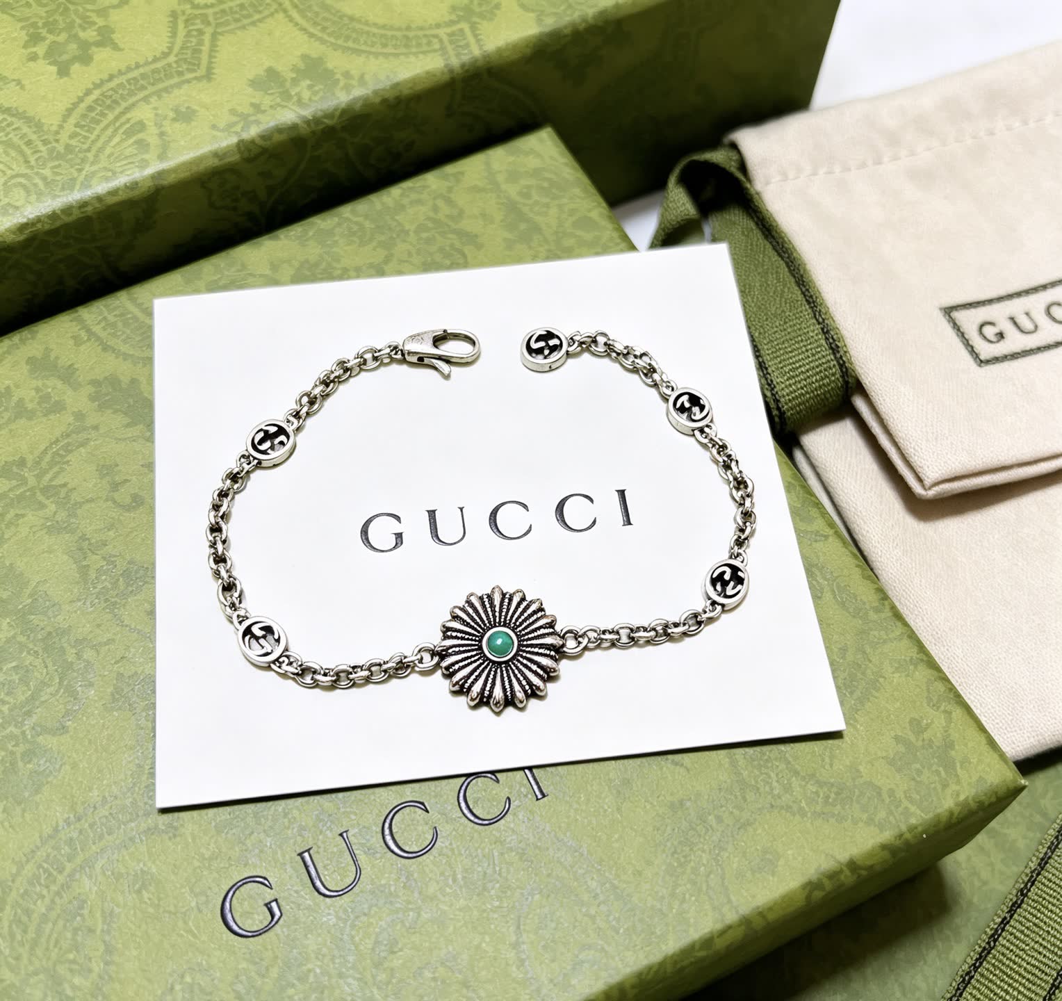 Gucci Silver Bracelet with Green Stone