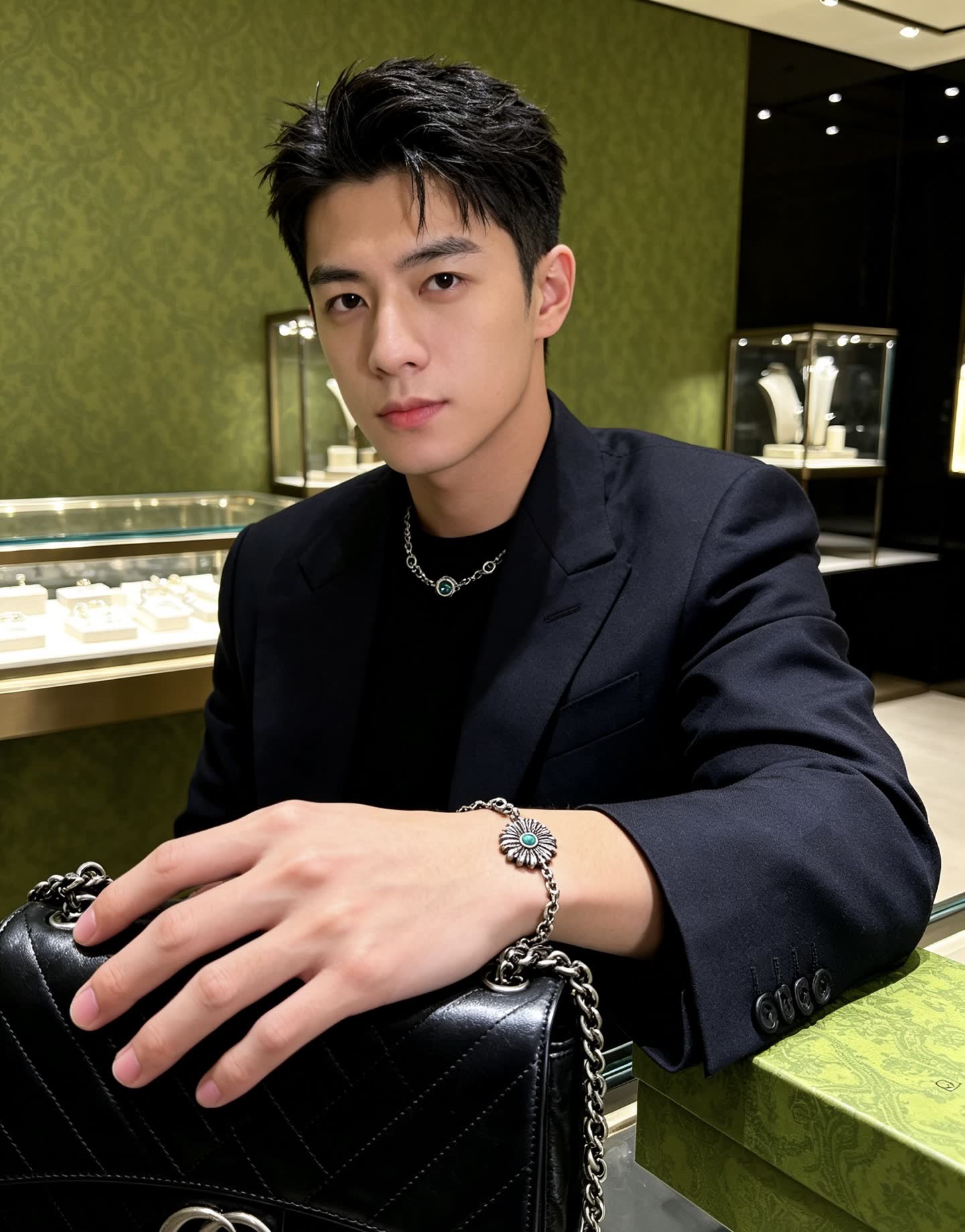 Gucci Silver Bracelet with Green Stone