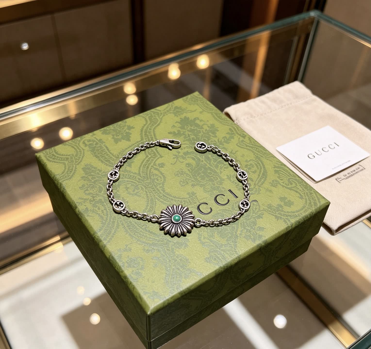Gucci Silver Bracelet with Green Stone