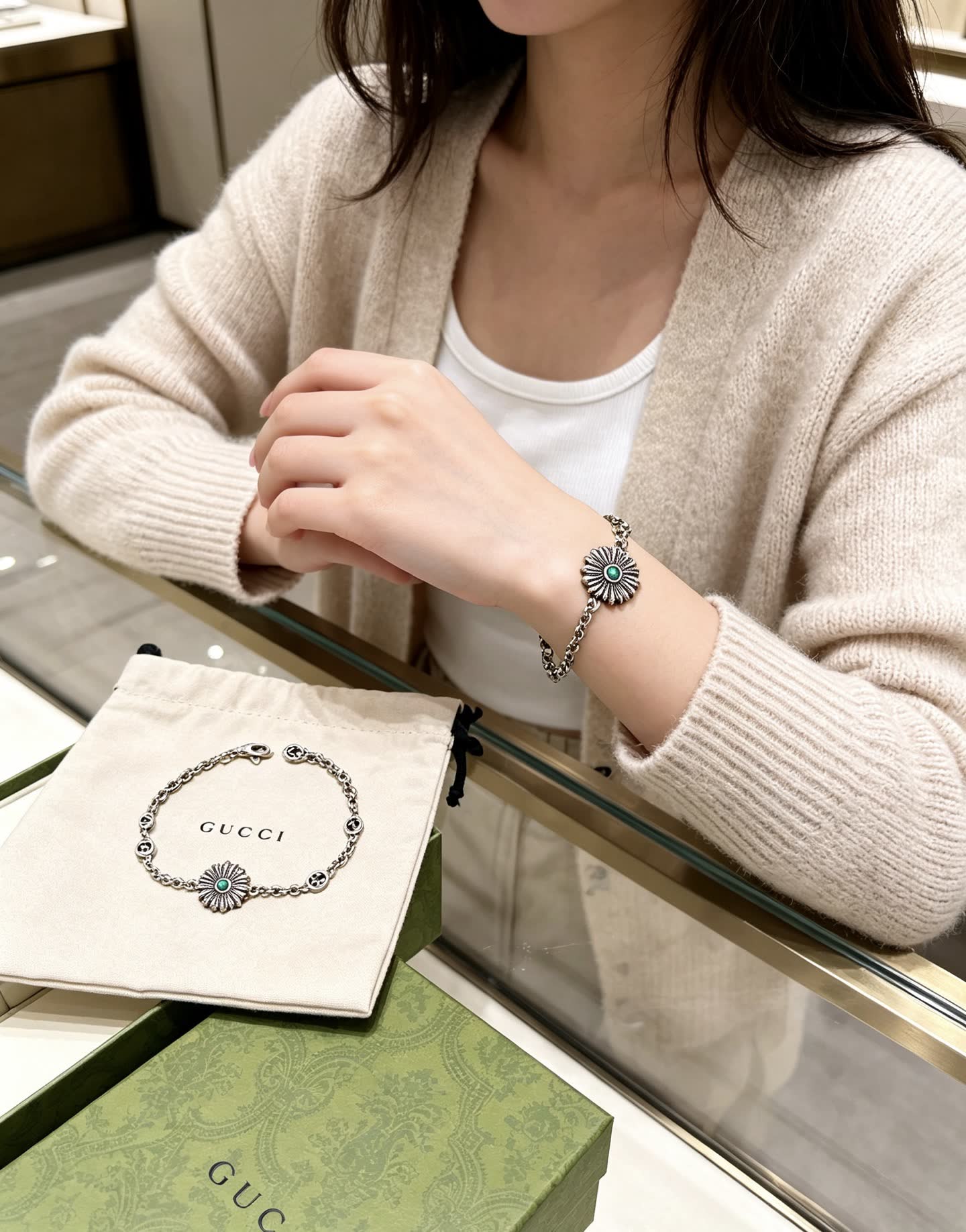 Gucci Silver Bracelet with Green Stone