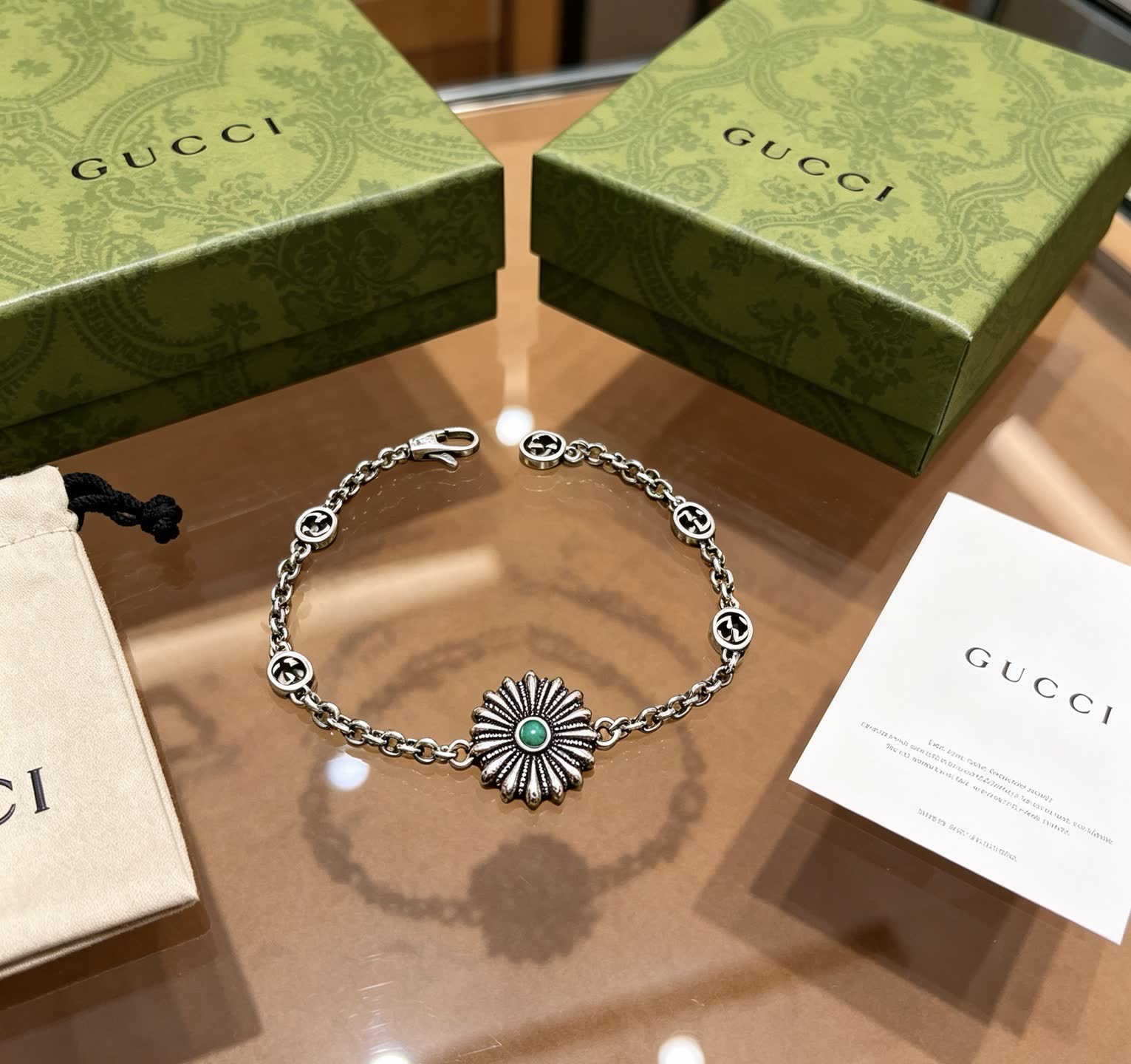 Gucci Silver Bracelet with Green Stone
