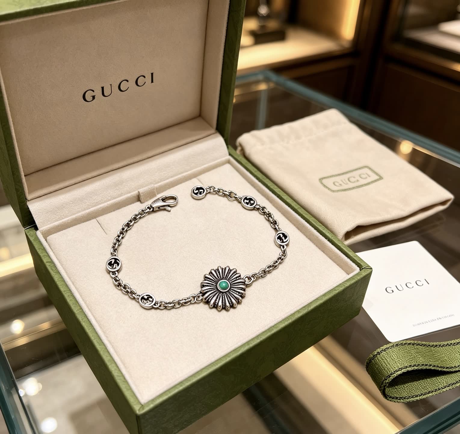 Gucci Silver Bracelet with Green Stone