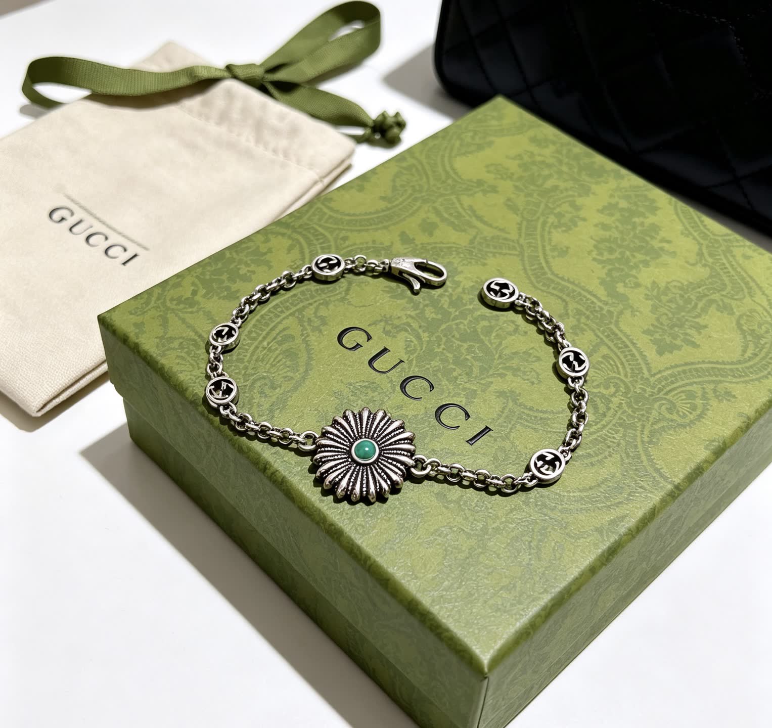 Gucci Silver Bracelet with Green Stone