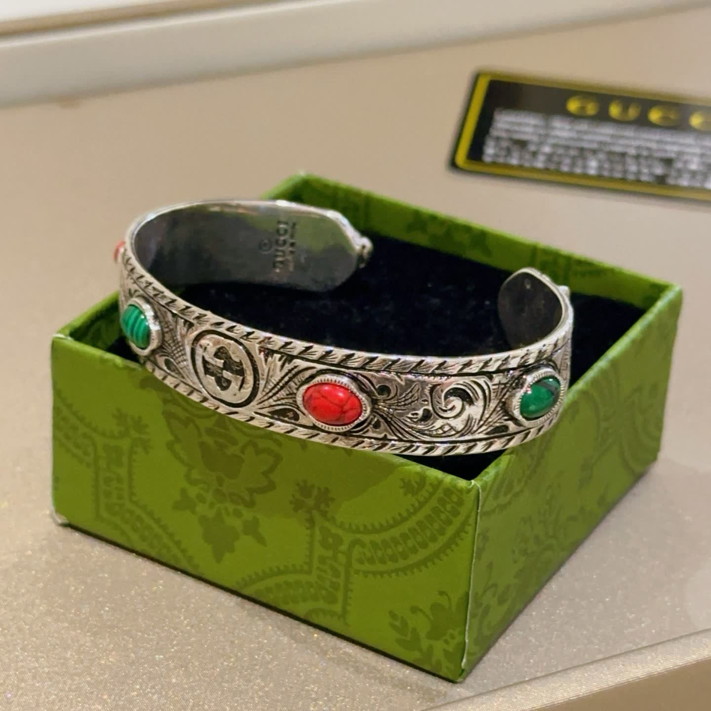 Gucci Silver Cuff Bracelet with Gemstones