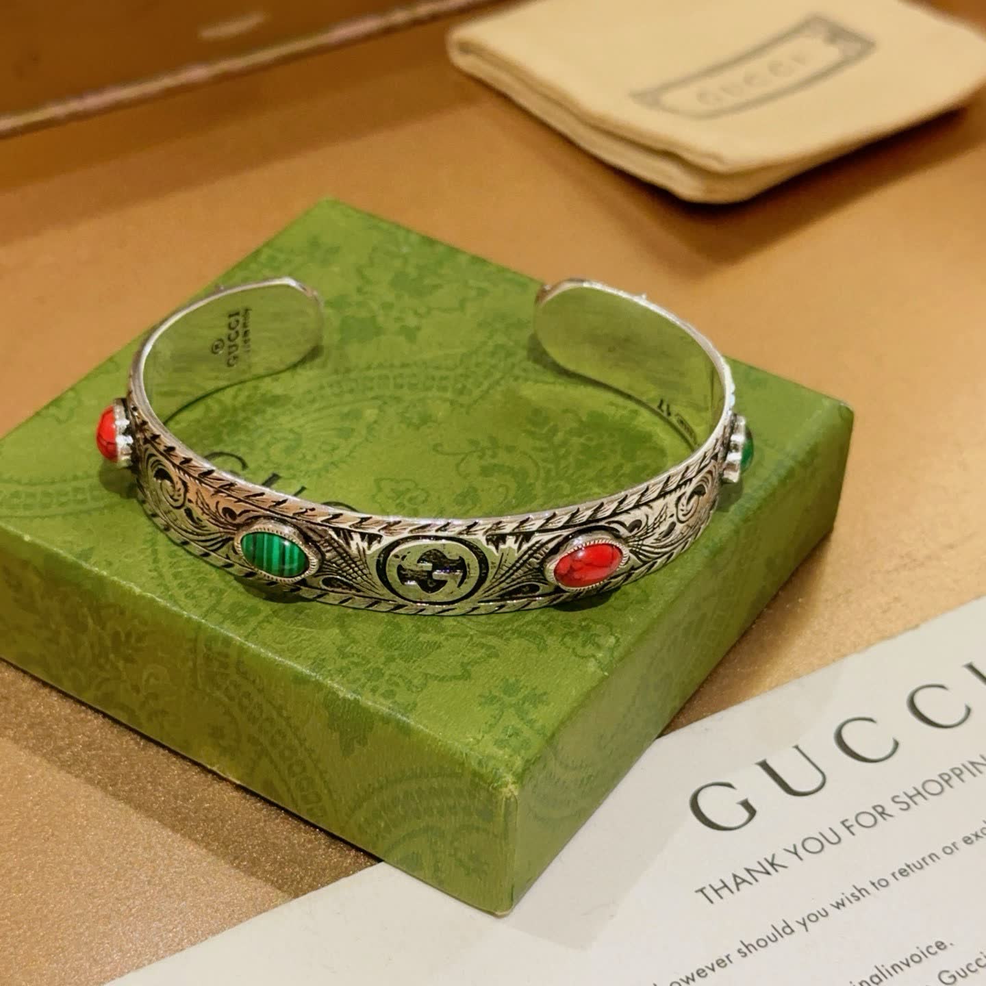 Gucci Silver Cuff Bracelet with Gemstones