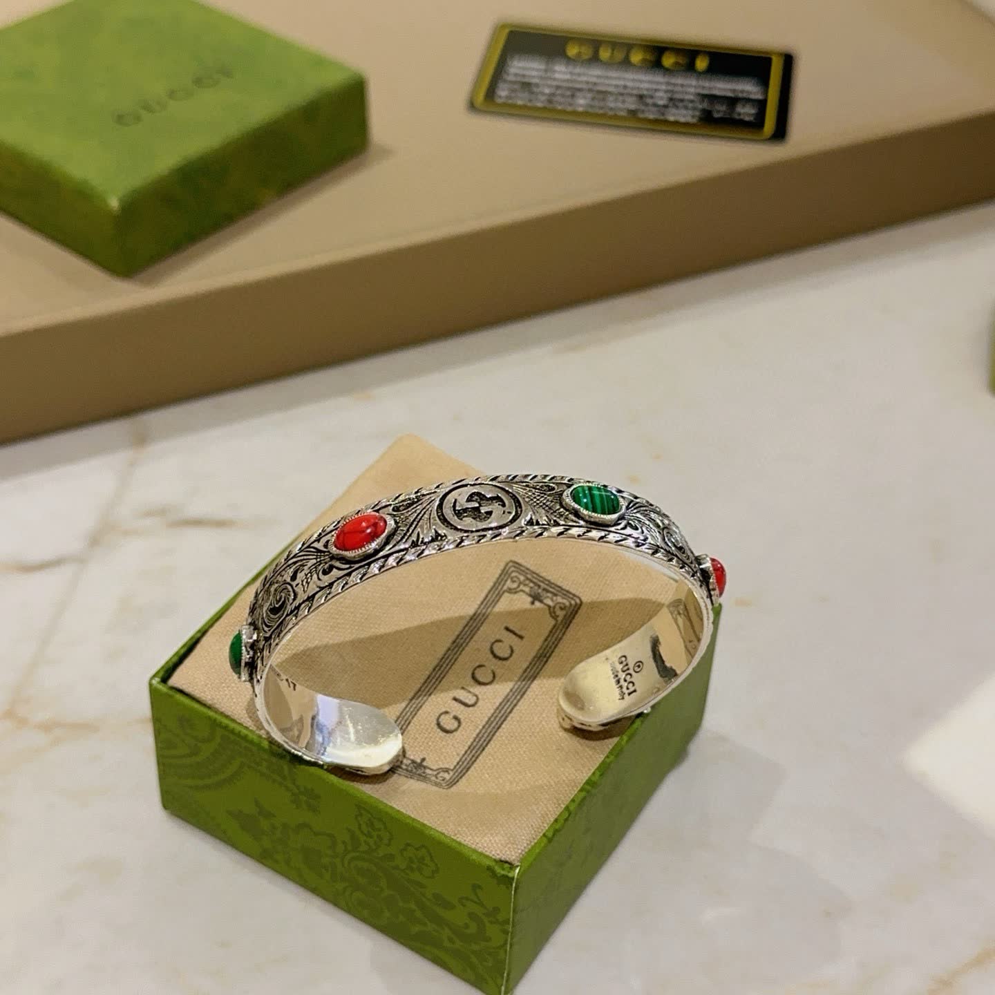 Gucci Silver Cuff Bracelet with Gemstones