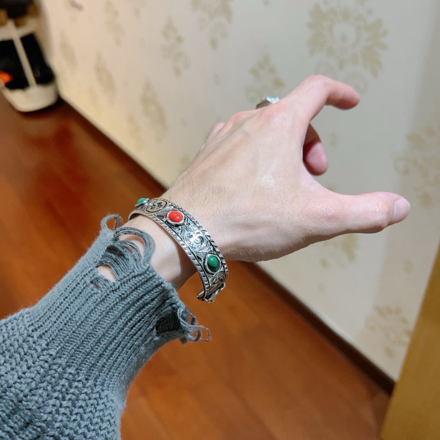 Gucci Silver Cuff Bracelet with Gemstones