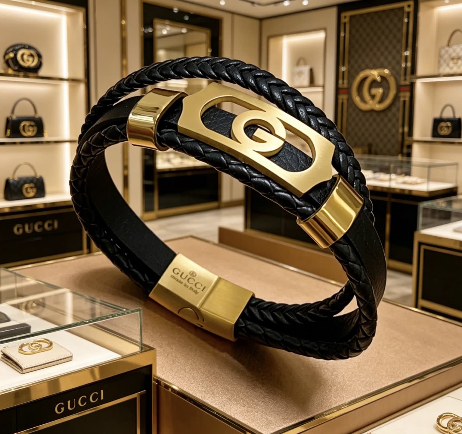Gucci Black Leather & Gold Bracelet