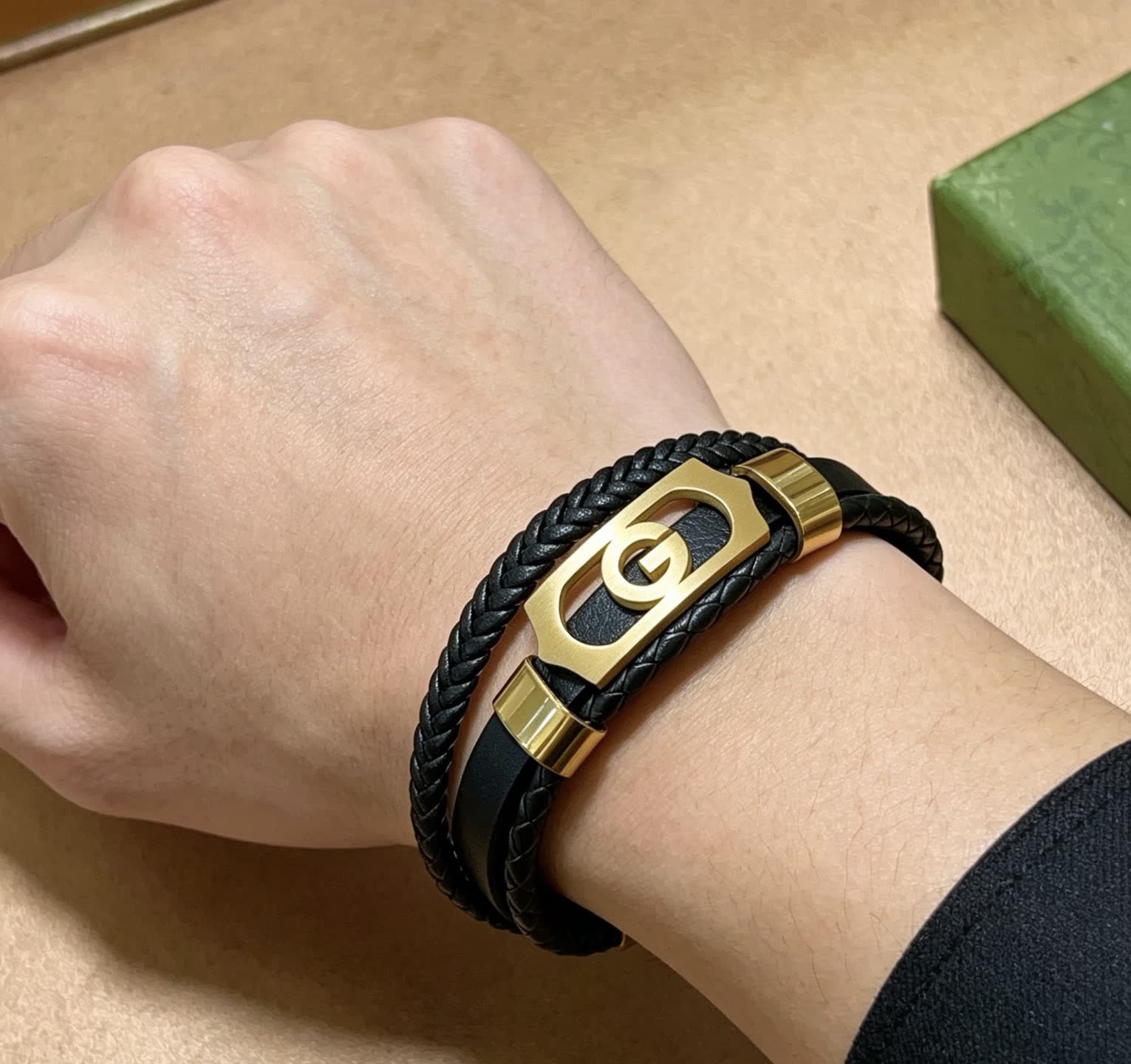 Gucci Black Leather & Gold Bracelet