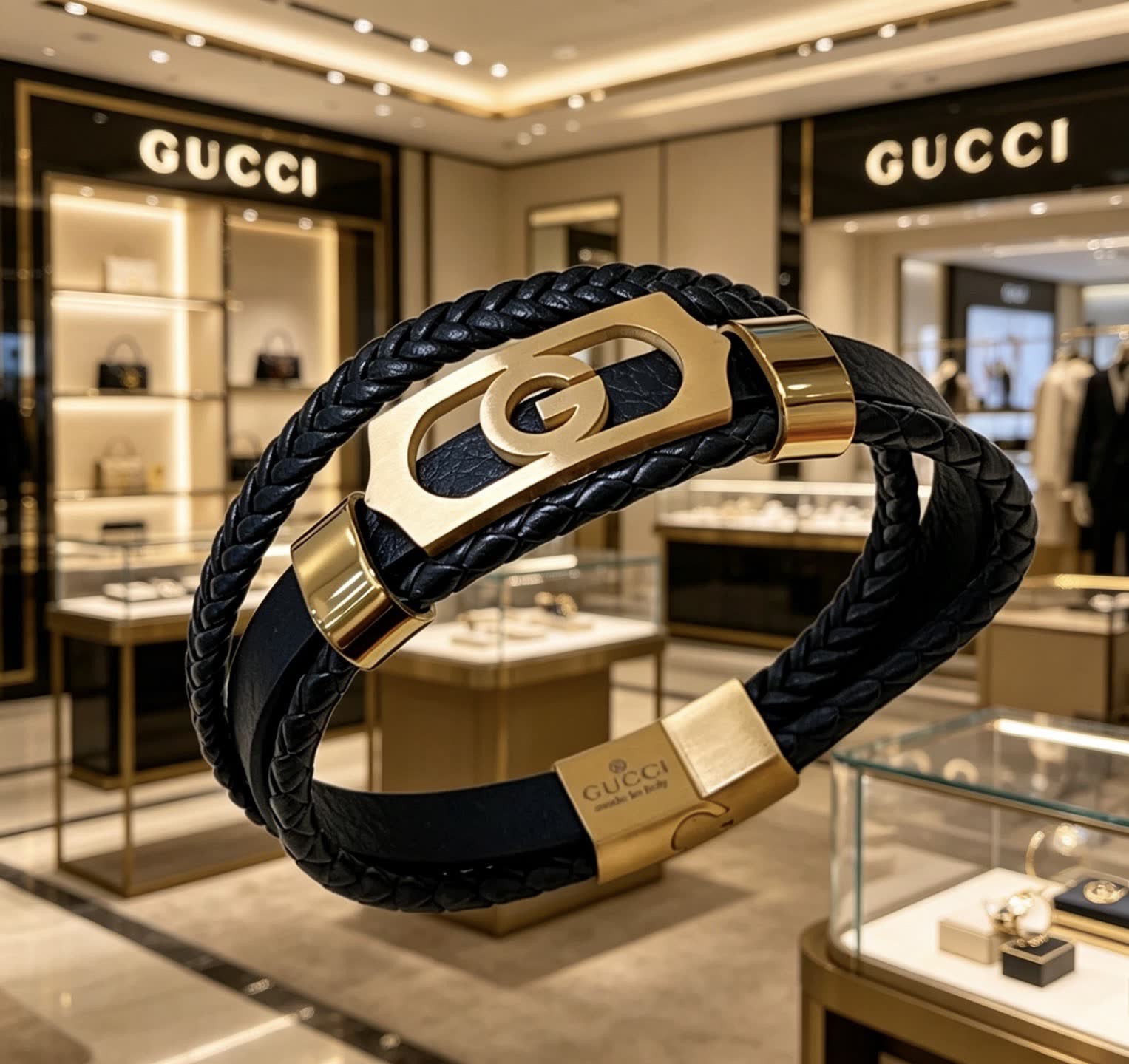 Gucci Black Leather & Gold Bracelet