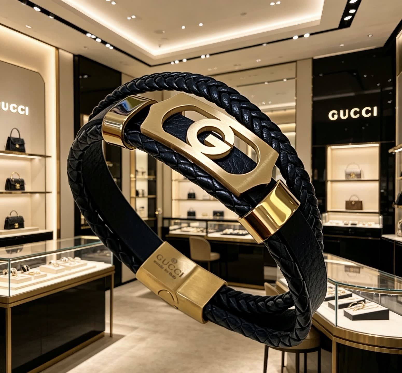 Gucci Black Leather & Gold Bracelet