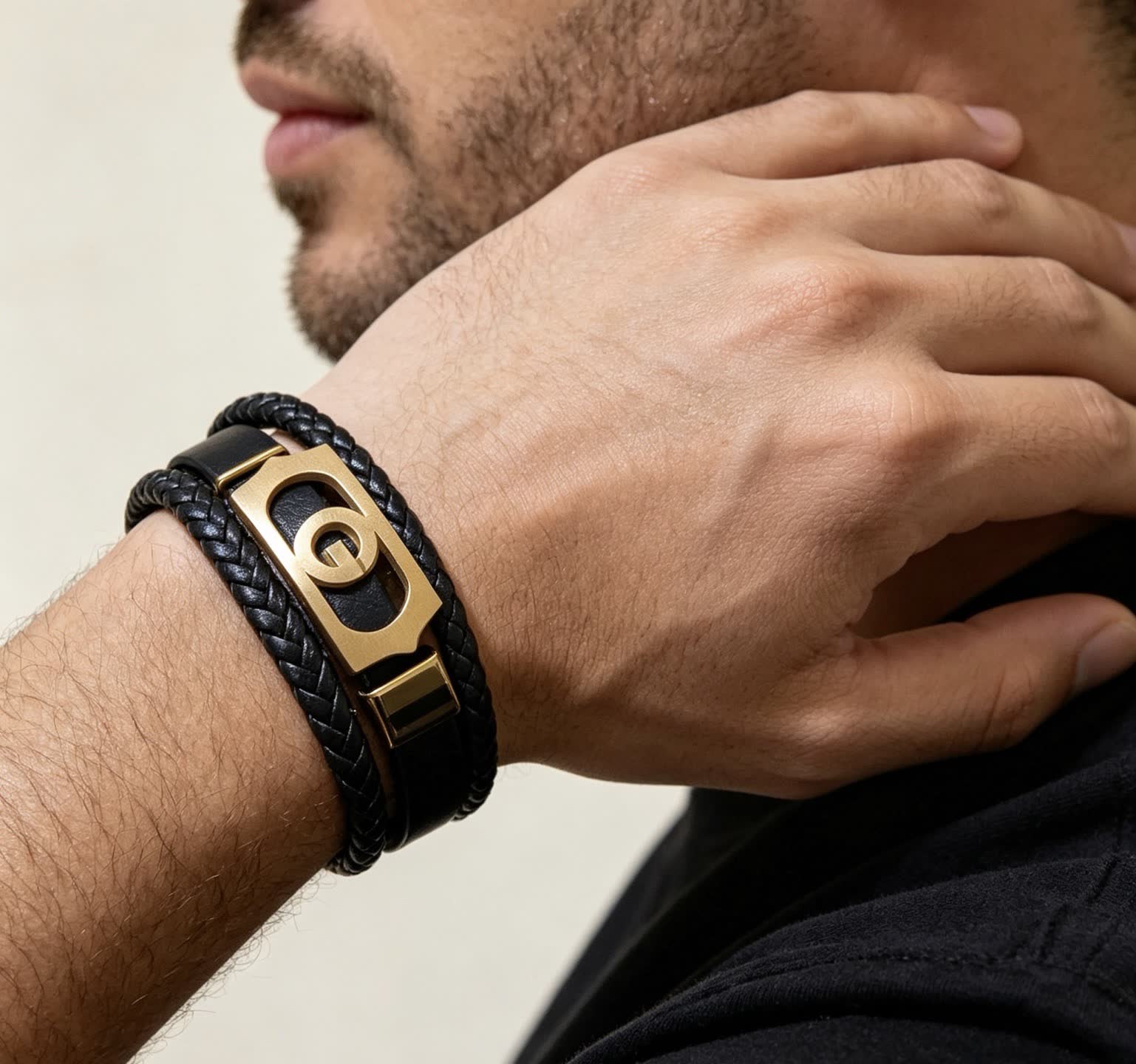 Gucci Black Leather & Gold Bracelet