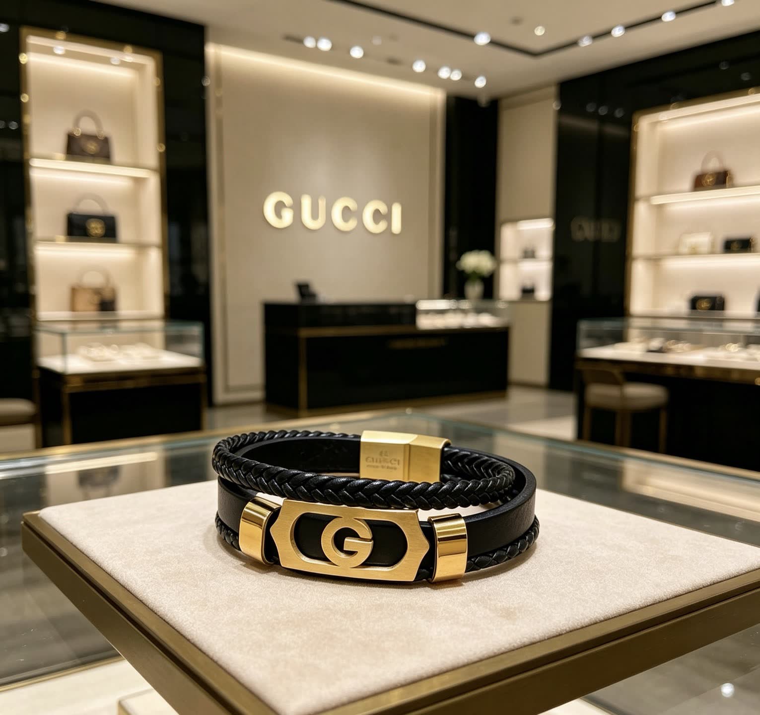 Gucci Black Leather & Gold Bracelet