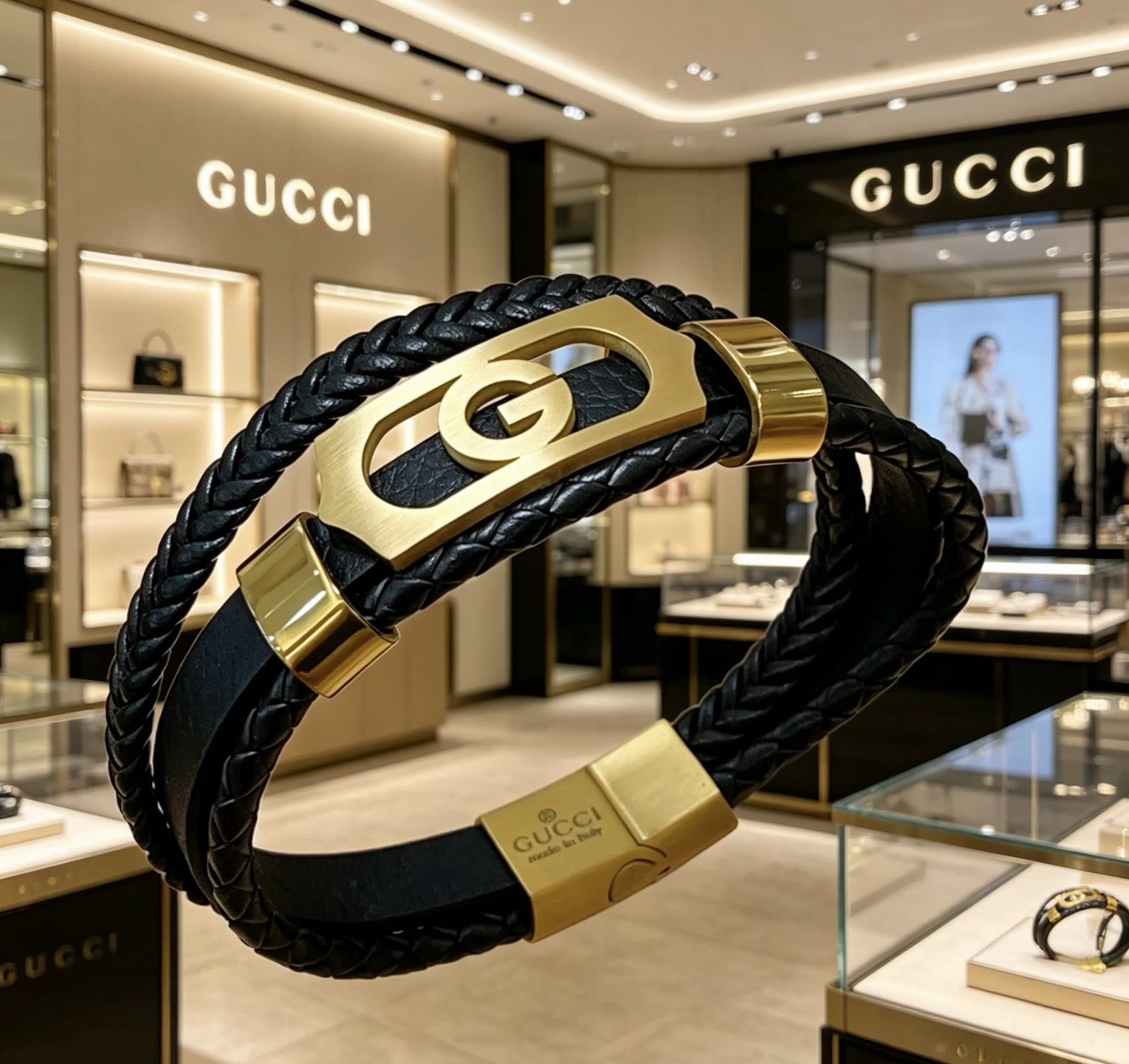 Gucci Black Leather & Gold Bracelet