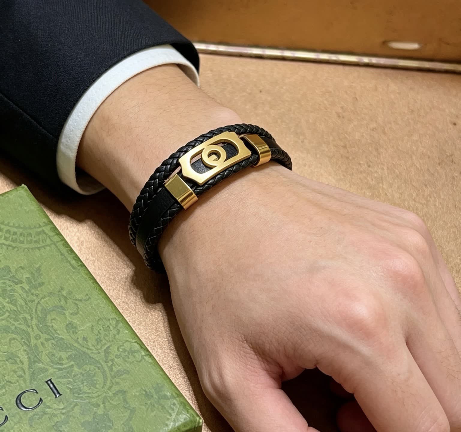 Gucci Black Leather & Gold Bracelet