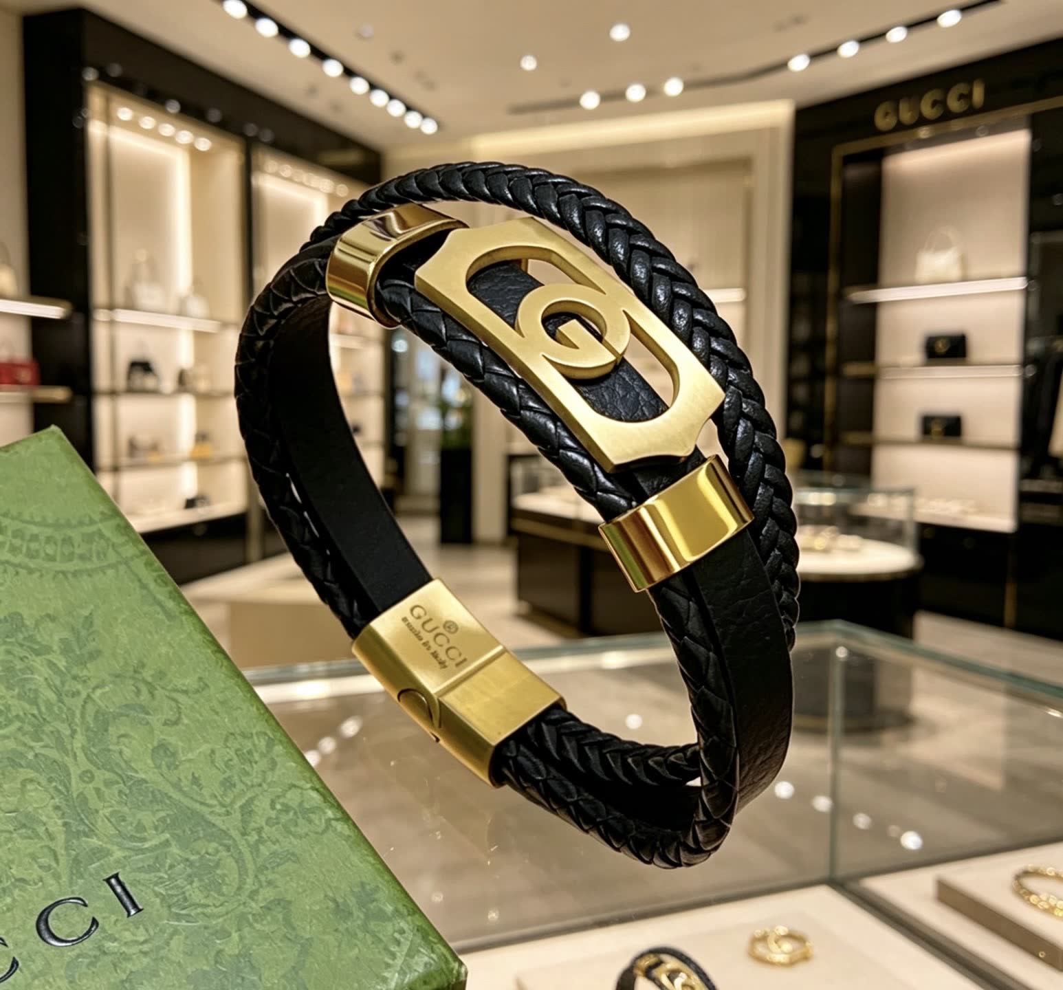 Gucci Black Leather & Gold Bracelet