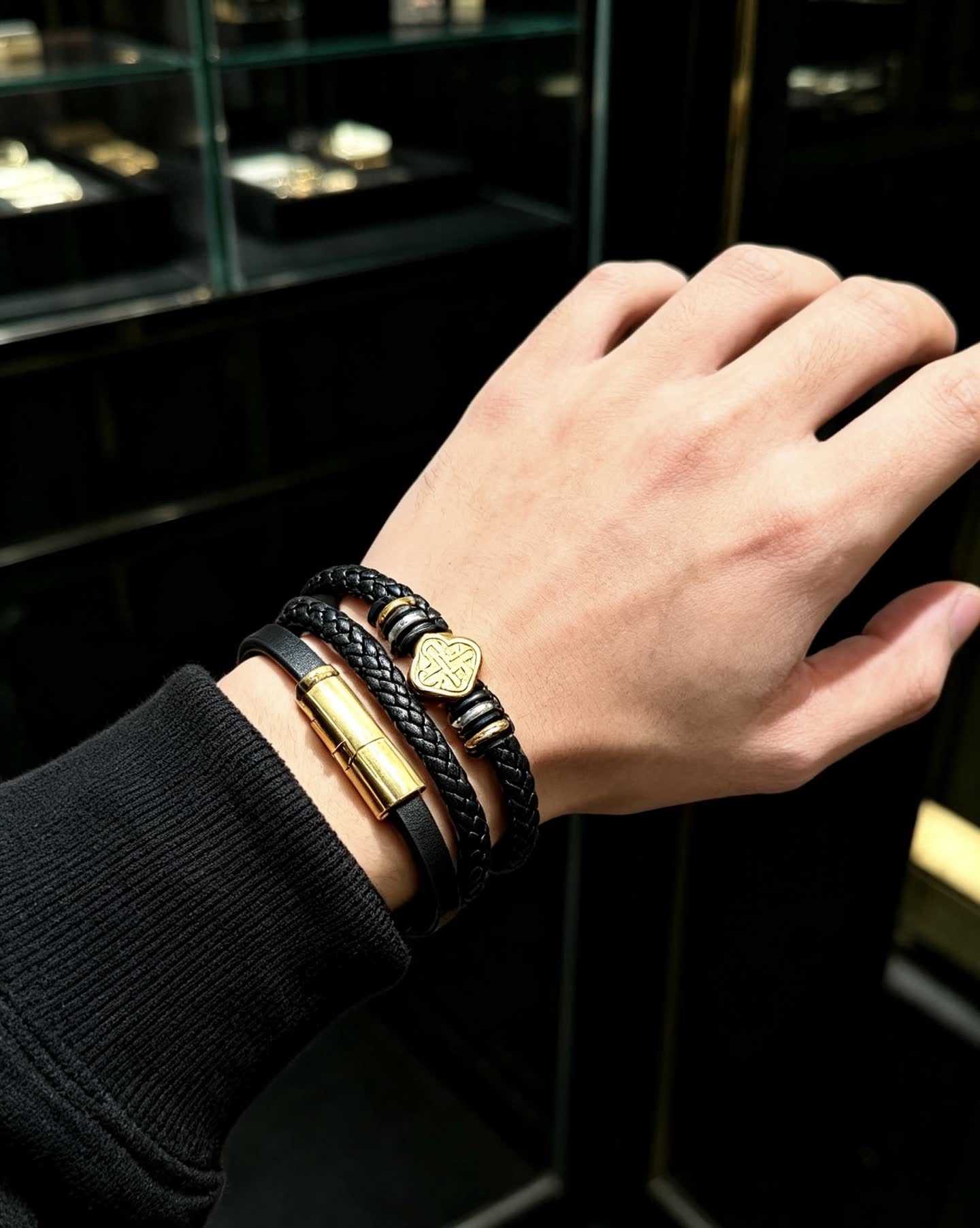 Gucci Black Braided Leather Bracelet with Gold Accents