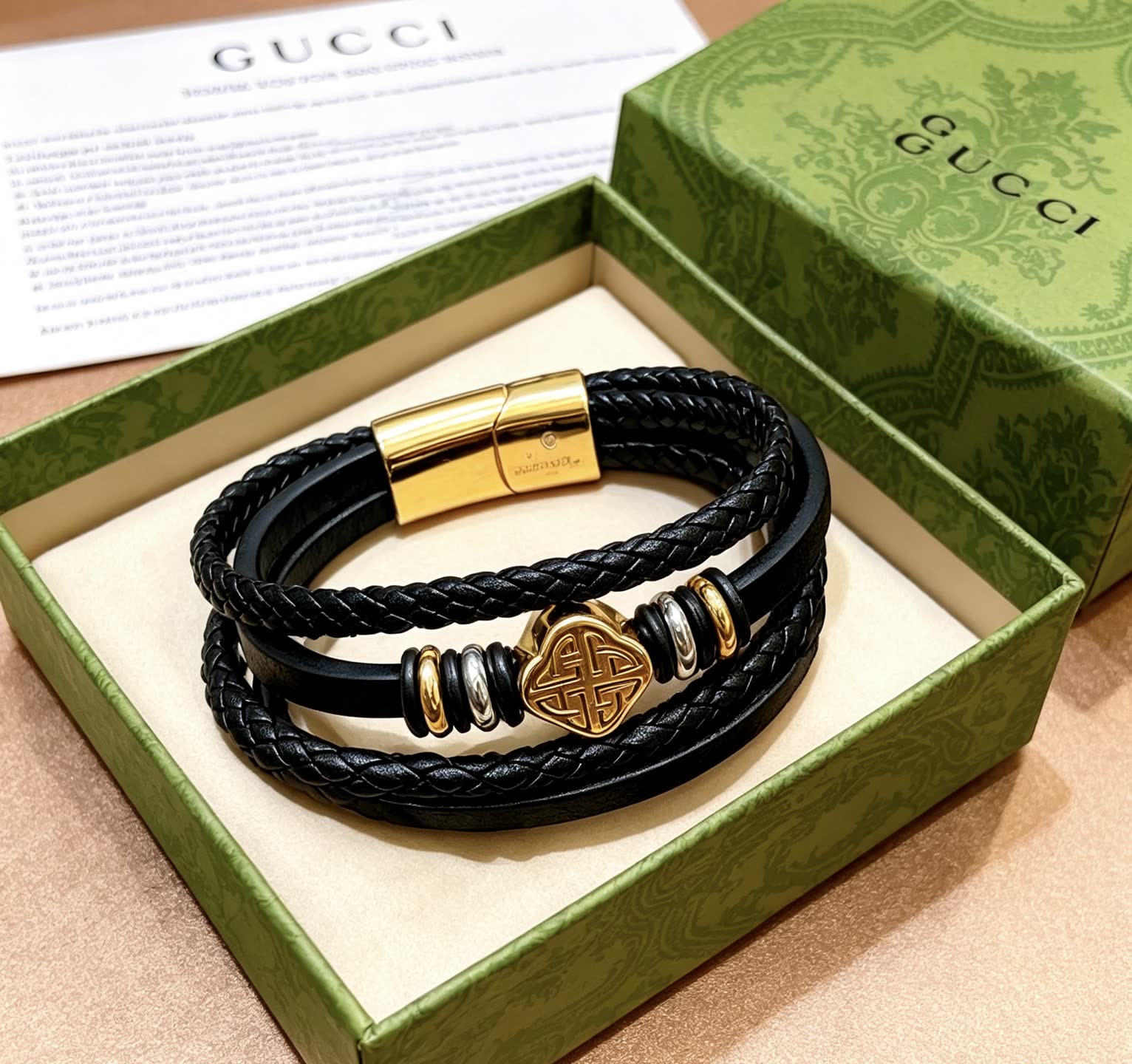 Gucci Black Braided Leather Bracelet with Gold Accents