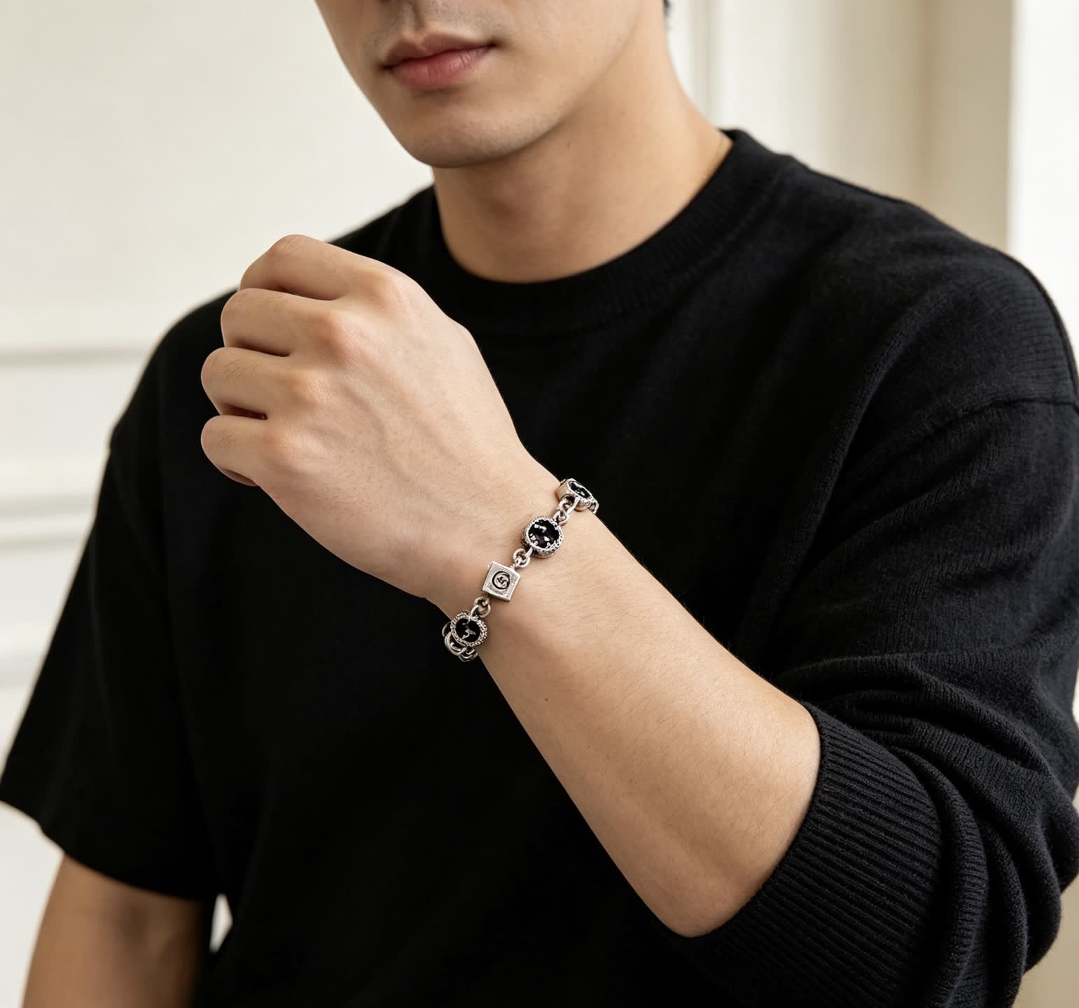 Gucci Silver Bracelet with Black Beads