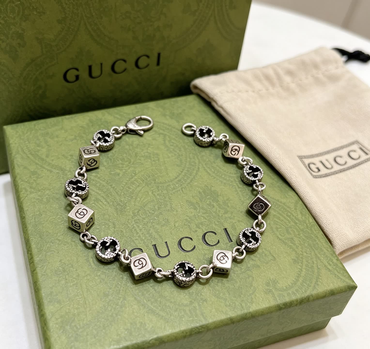 Gucci Silver Bracelet with Black Beads