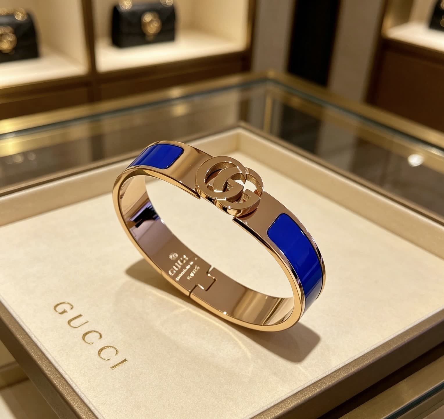 Gucci Blue Enamel Gold Tone Bangle Bracelet